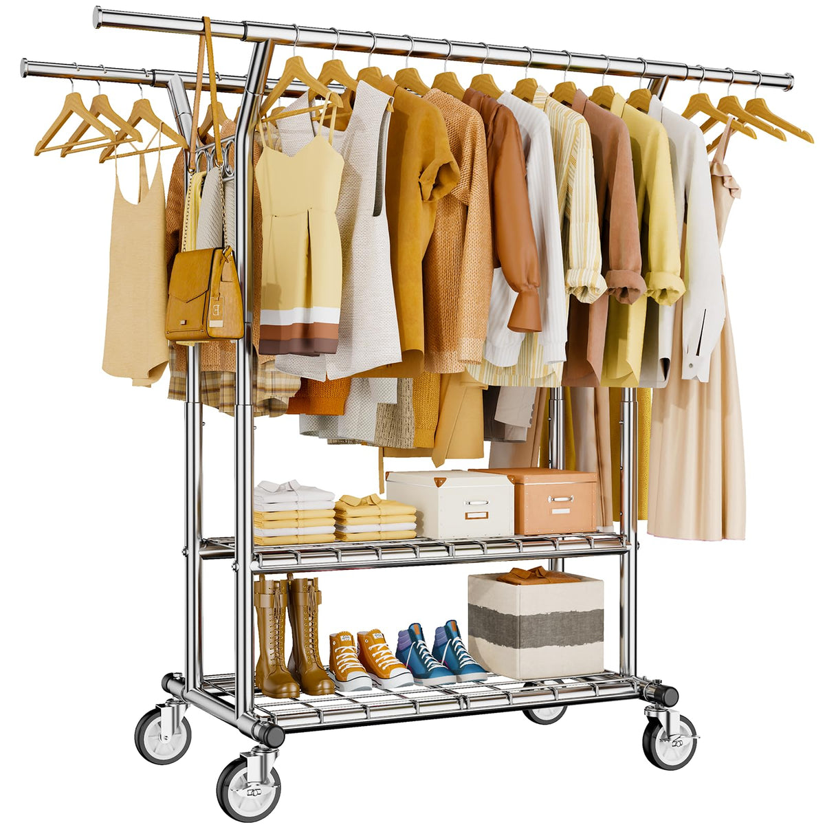 HYSEYY heavy duty clothes rack with rolling wheels for easy room-to-room transport