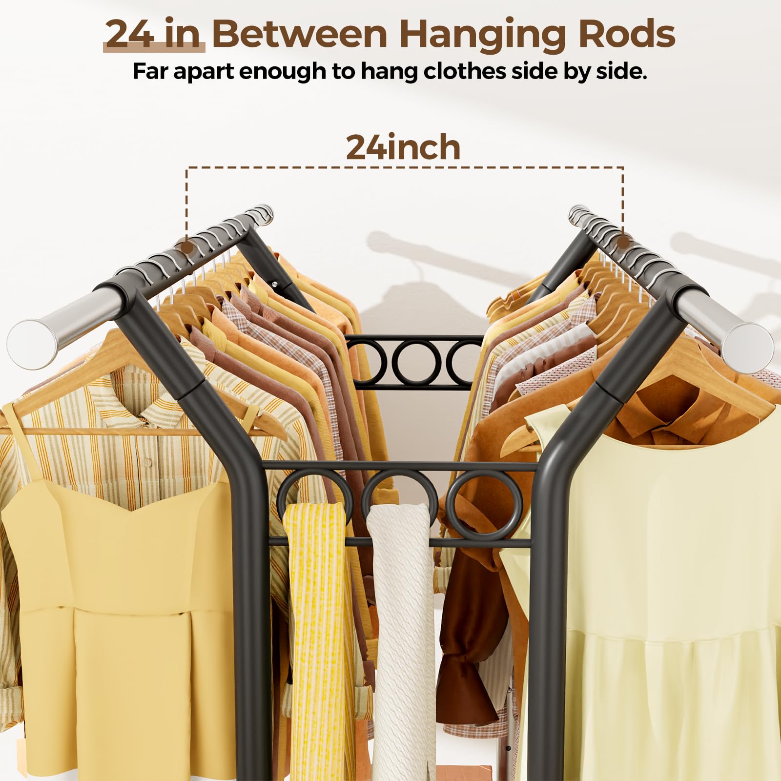 HYSEYY heavy-duty clothes rack with rolling wheels for easy repositioning.