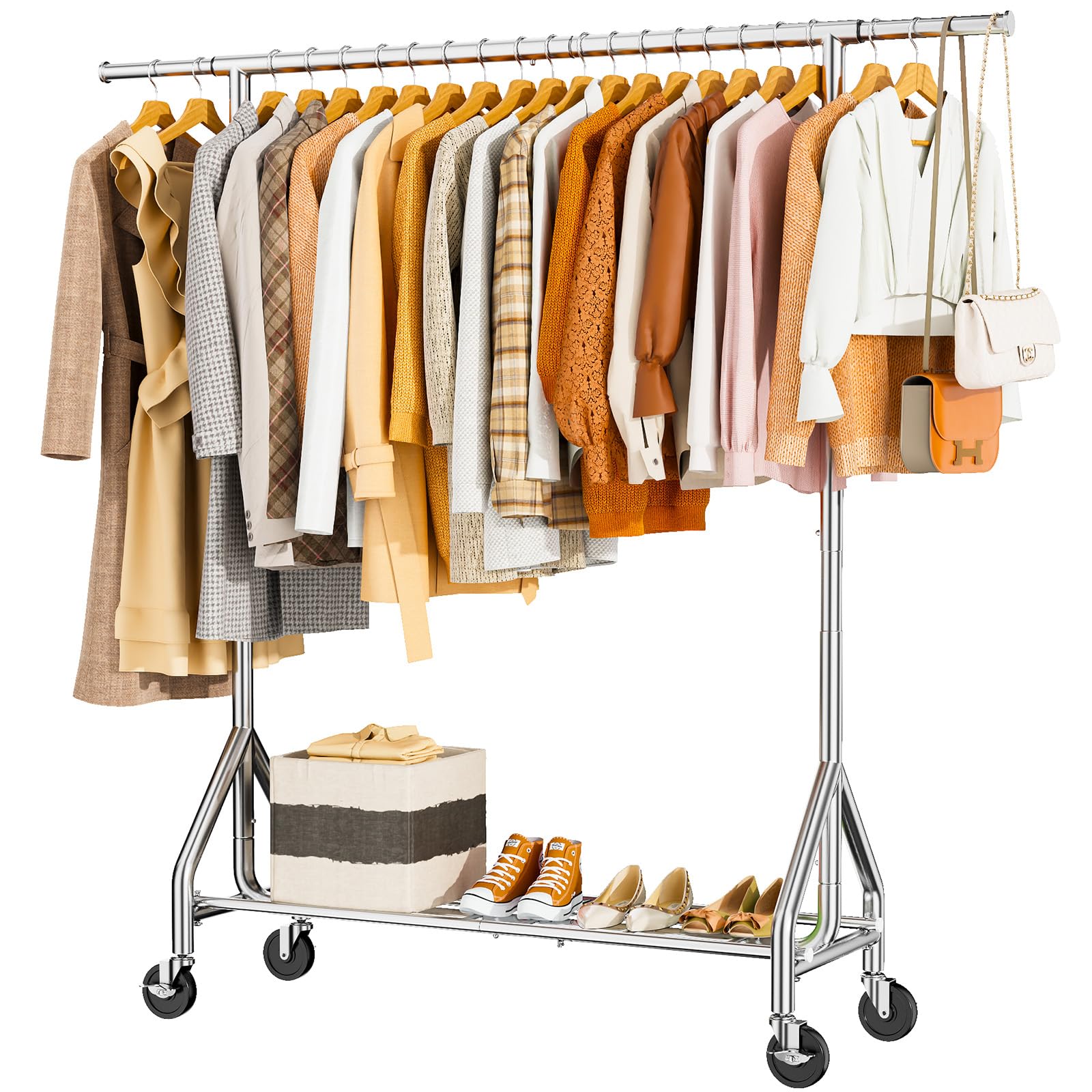 HYSEYY heavy-duty clothes rack side view shows sturdy construction.