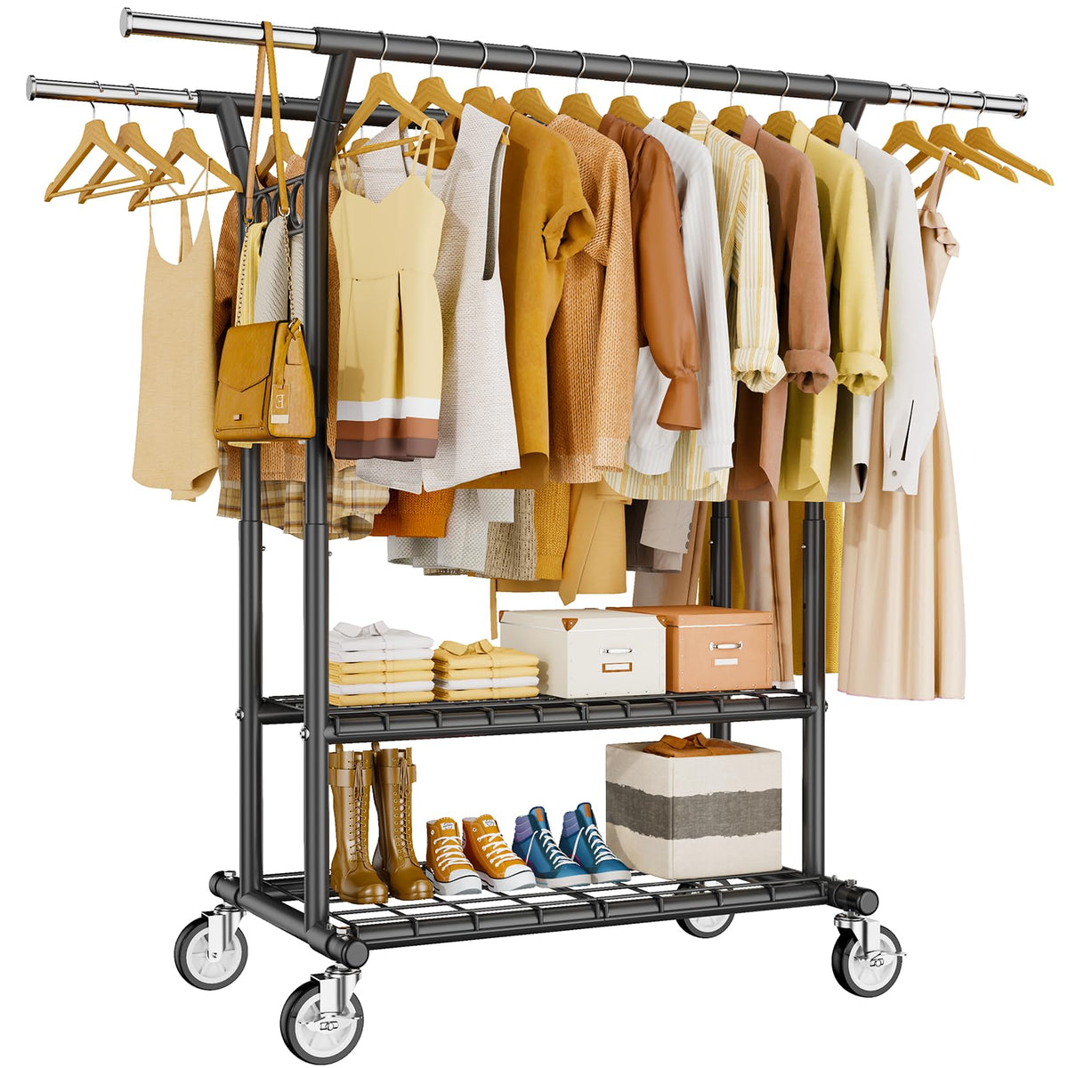 HYSEYY heavy-duty clothes rack side view showing sturdy chrome finish for long-term use.