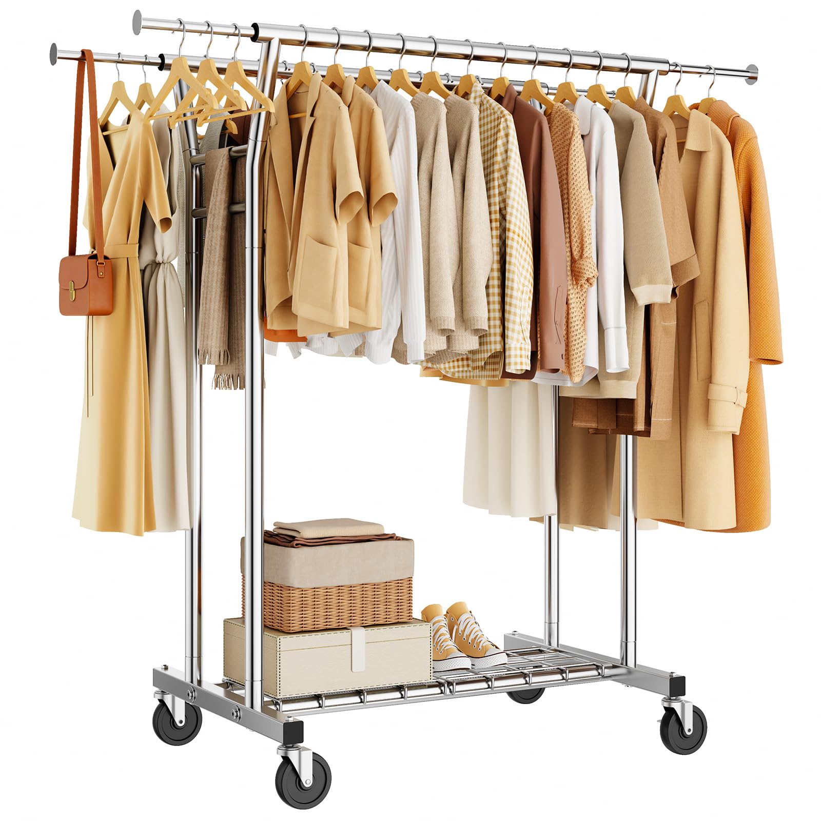 HYSEYY heavy-duty clothes rack side view highlights a sturdy frame with anti-tip stability.