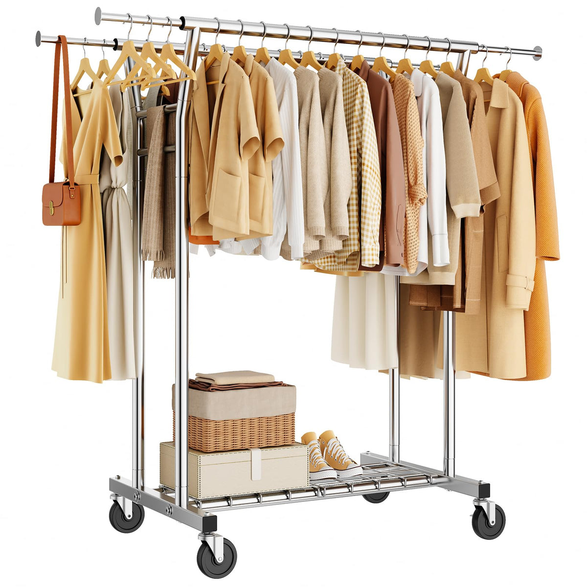 HYSEYY heavy-duty clothes rack side view highlights a sturdy frame with anti-tip stability.