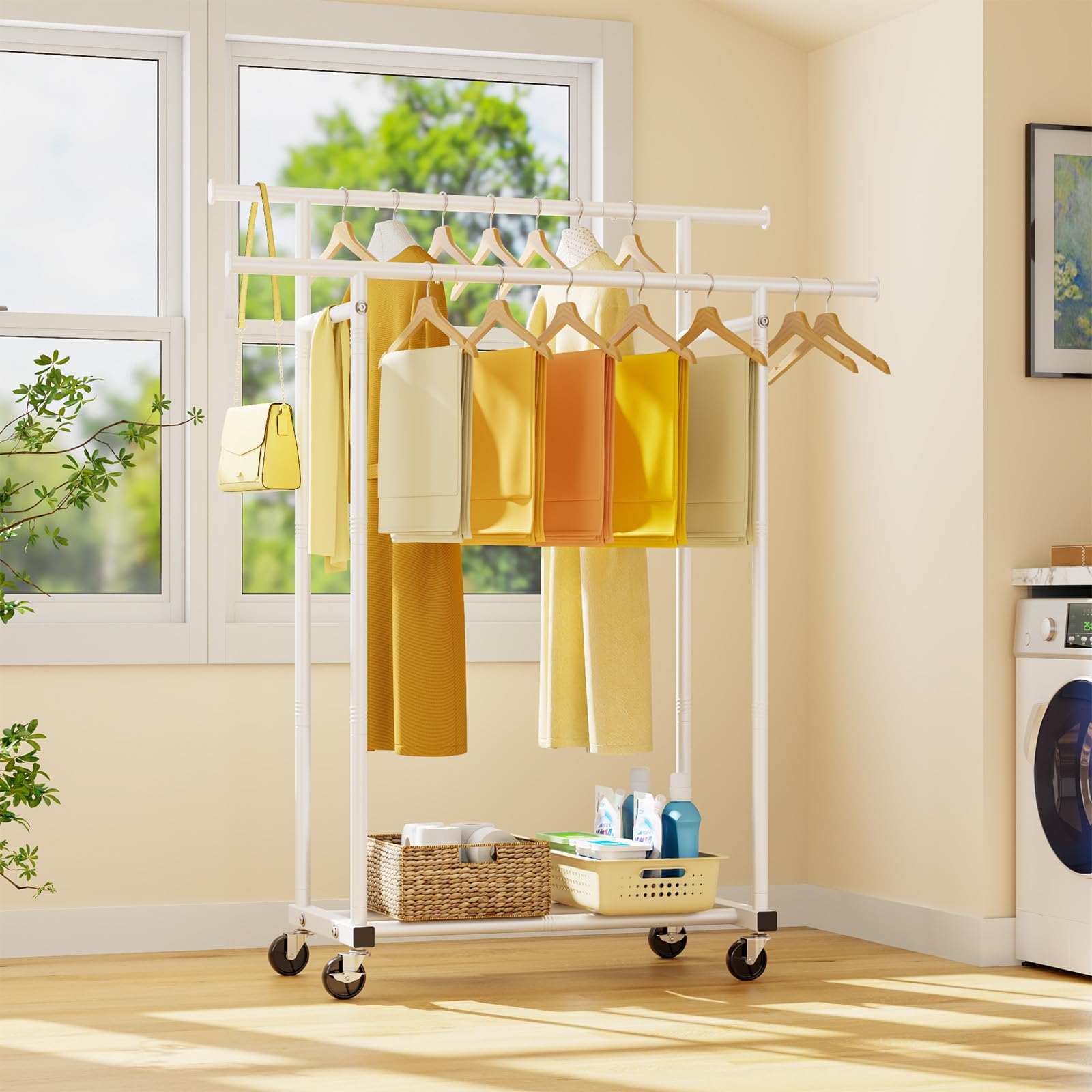 HYSEYY wardrobe on wheels suits bedrooms, laundry rooms, and living spaces.