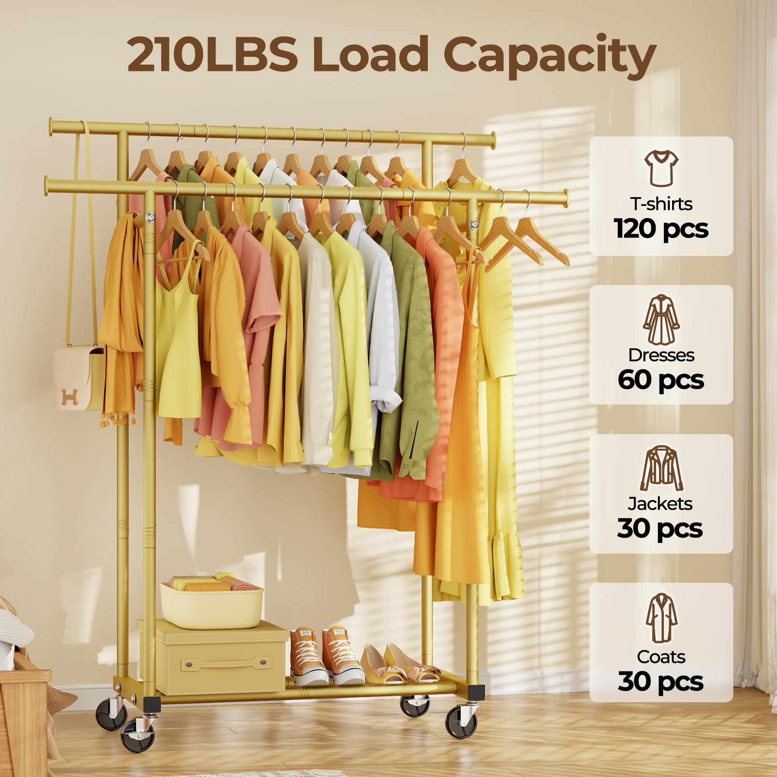 HYSEYY rolling clothes rack with 360-degree wheels glides smoothly across floors.
