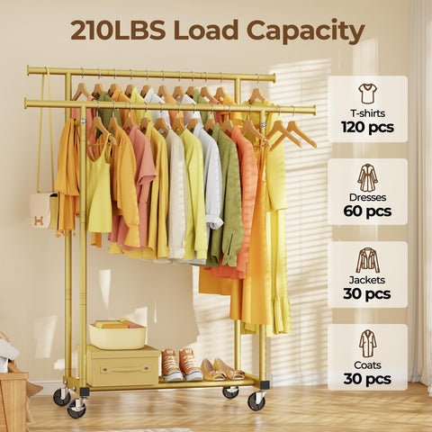 HYSEYY rolling clothes rack with 360-degree wheels glides smoothly across floors.