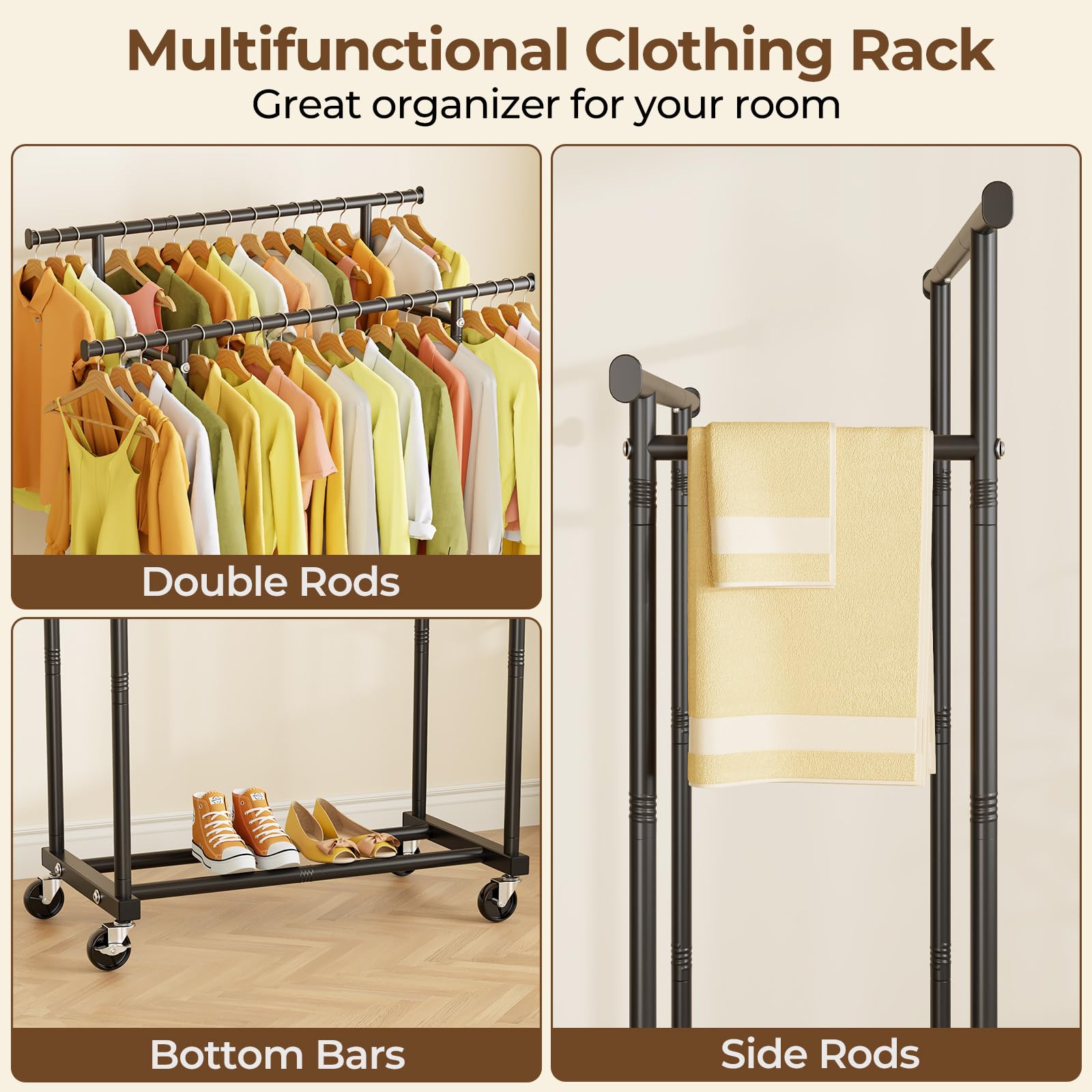 HYSEYY rolling clothes rack wheels enable easy movement across rooms