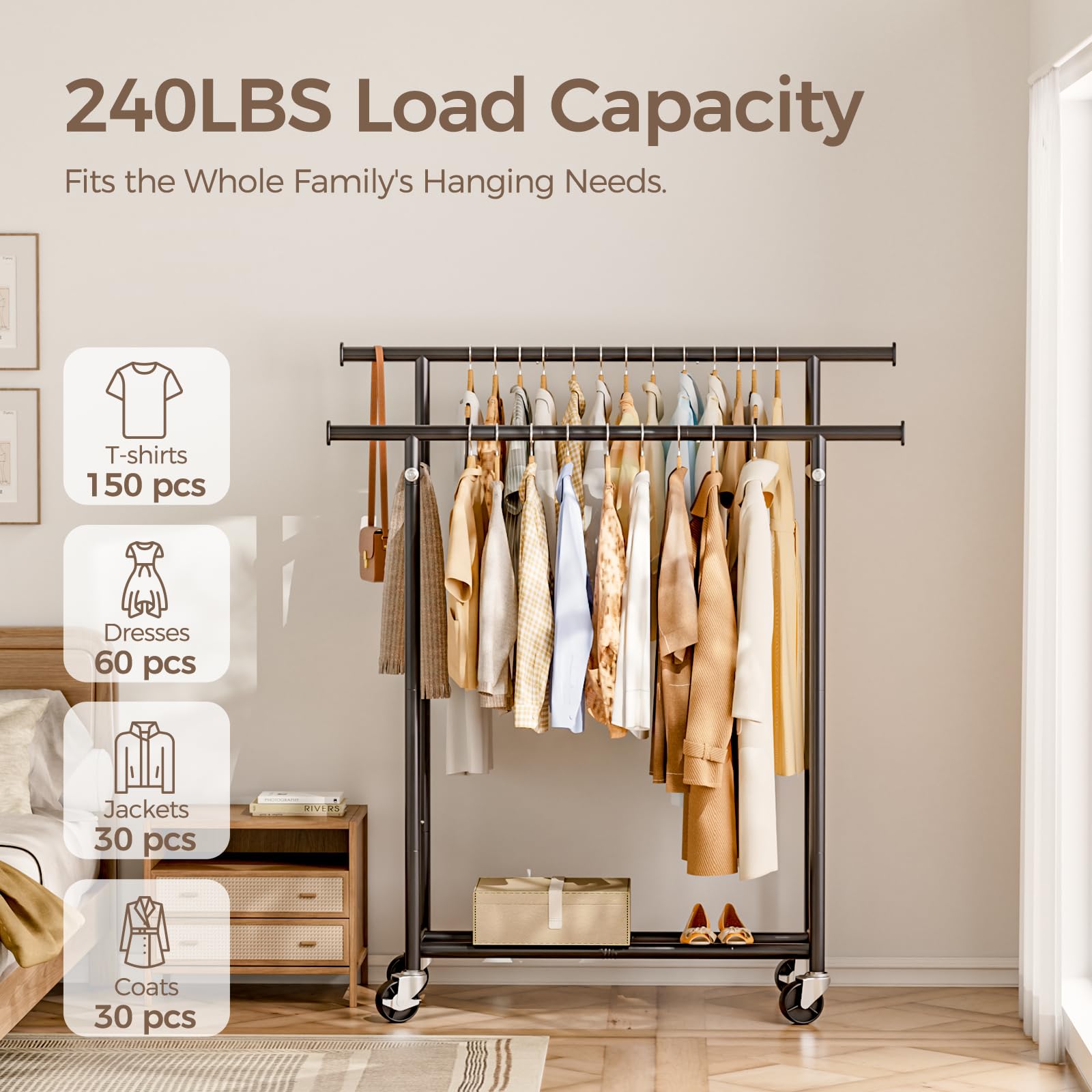 HYSEYY rolling garment rack on wheels shows smooth mobility