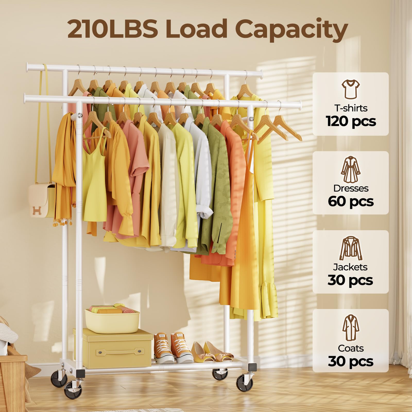 HYSEYY rolling rack with side extension rods stores bags and accessories within reach.