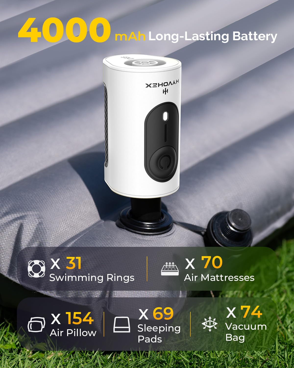 HYVOHEX air pump with 4000mAh battery powers long inflation sessions outdoors