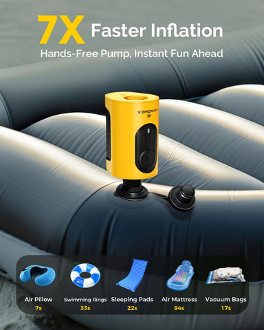 HYVOHEX quick inflate-deflate pump highlights 7x faster airflow for sleeping pads.