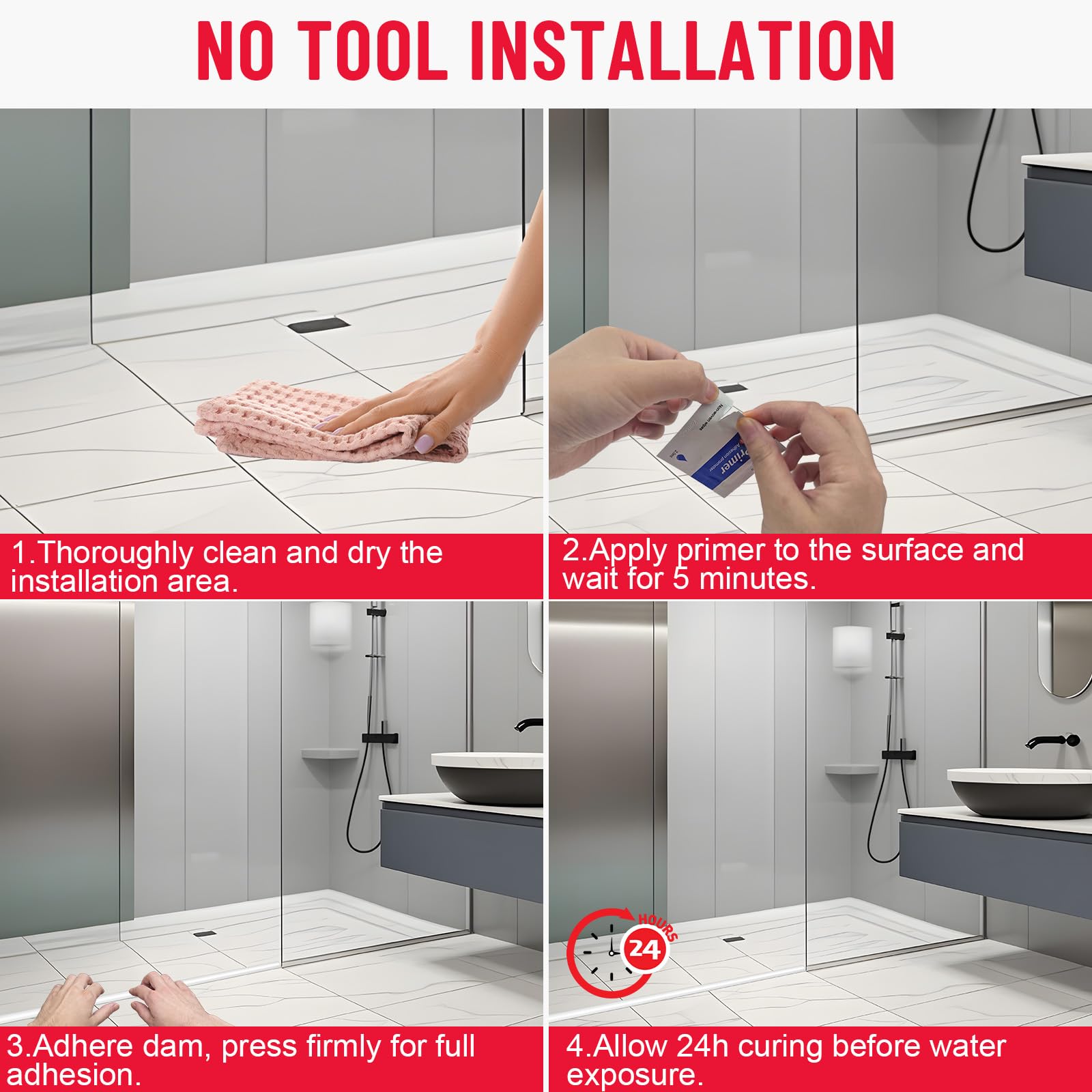 Hzetuu versatile barrier for showers, bathtubs, sinks, and other wet areas.
