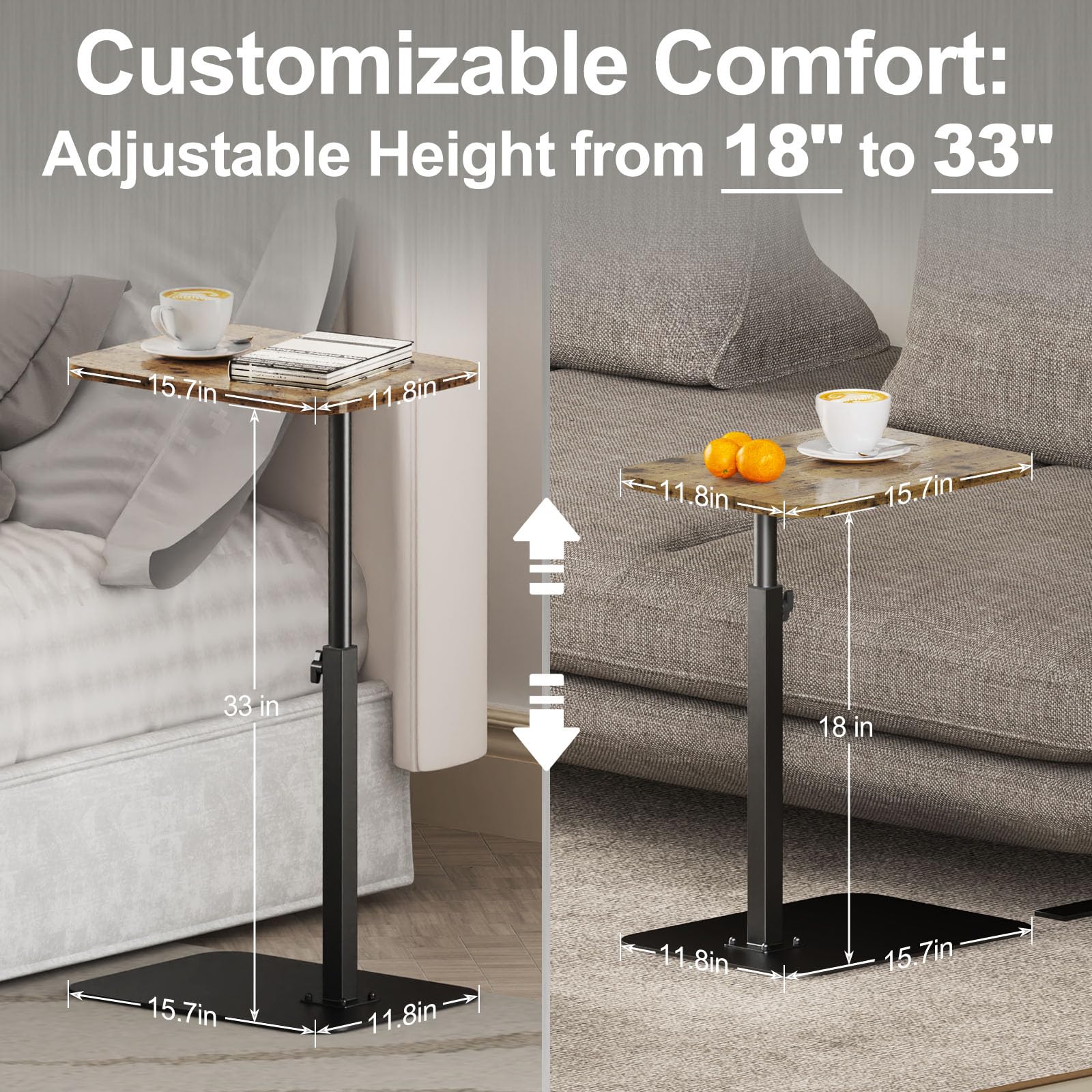HzTinT C-shaped sofa table with wood panel and stable metal base.