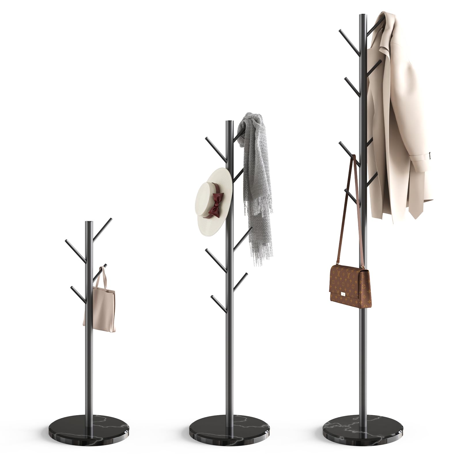 HzTinT coat rack with natural marble base provides stable standing storage.