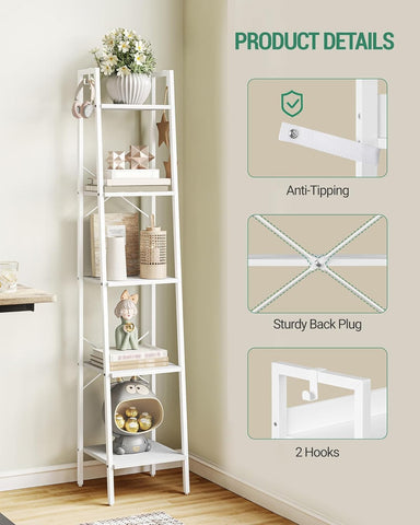 Hzuaneri 5-tier white ladder shelf offers organized book and plant display.