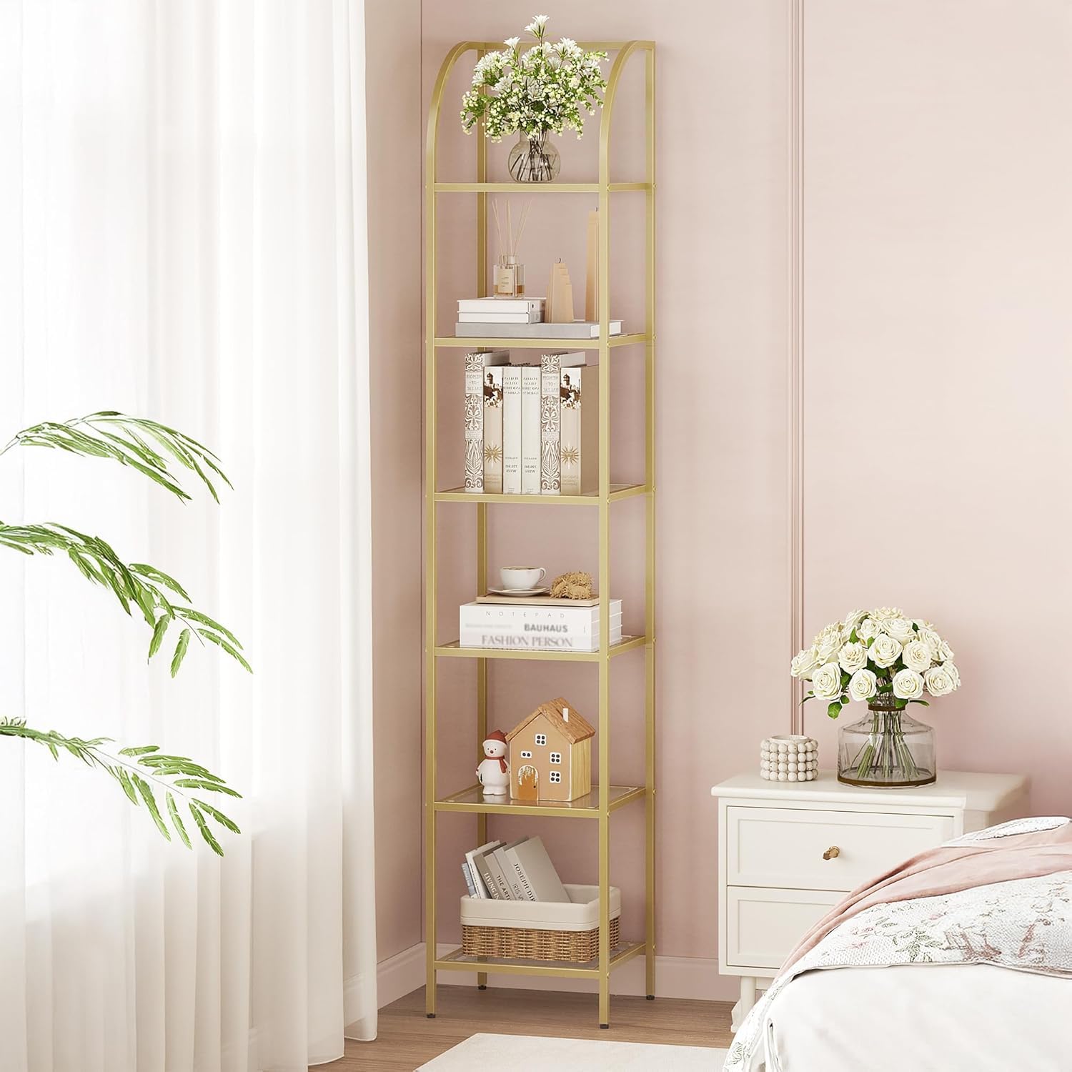 Hzuaneri arch glass bookcase with six tiers for organized display