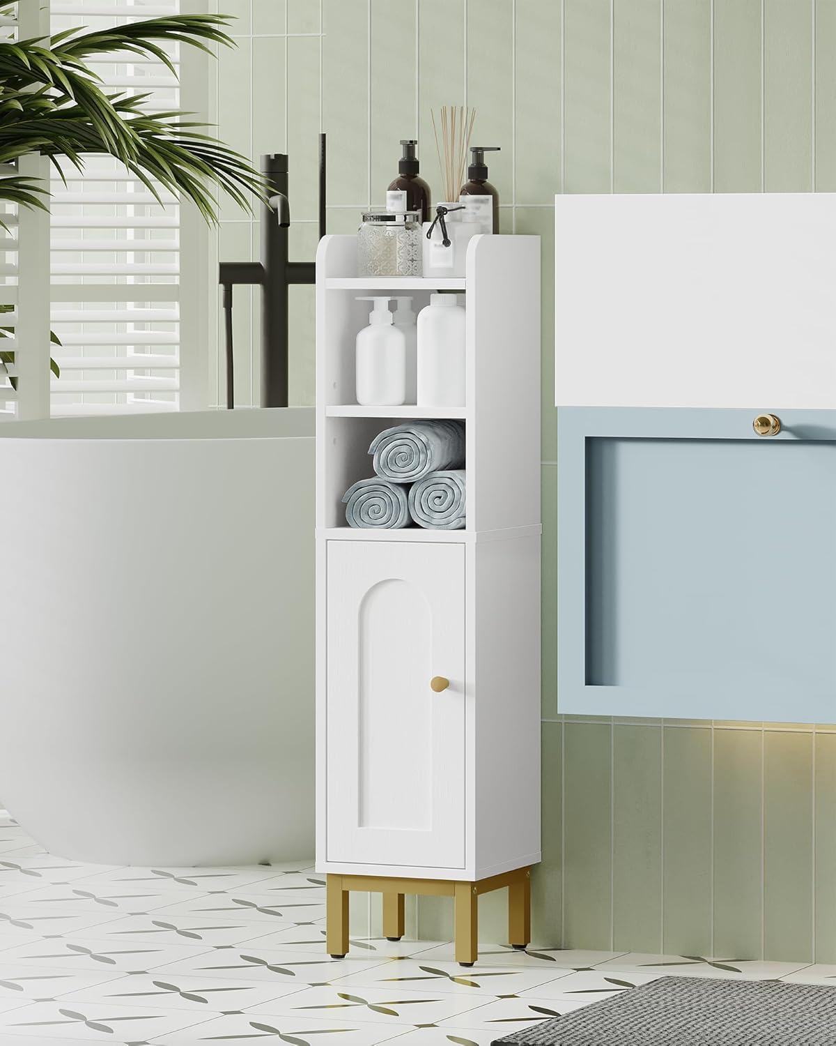 Bottom storage area of Hzuaneri cabinet concealing spare toilet paper