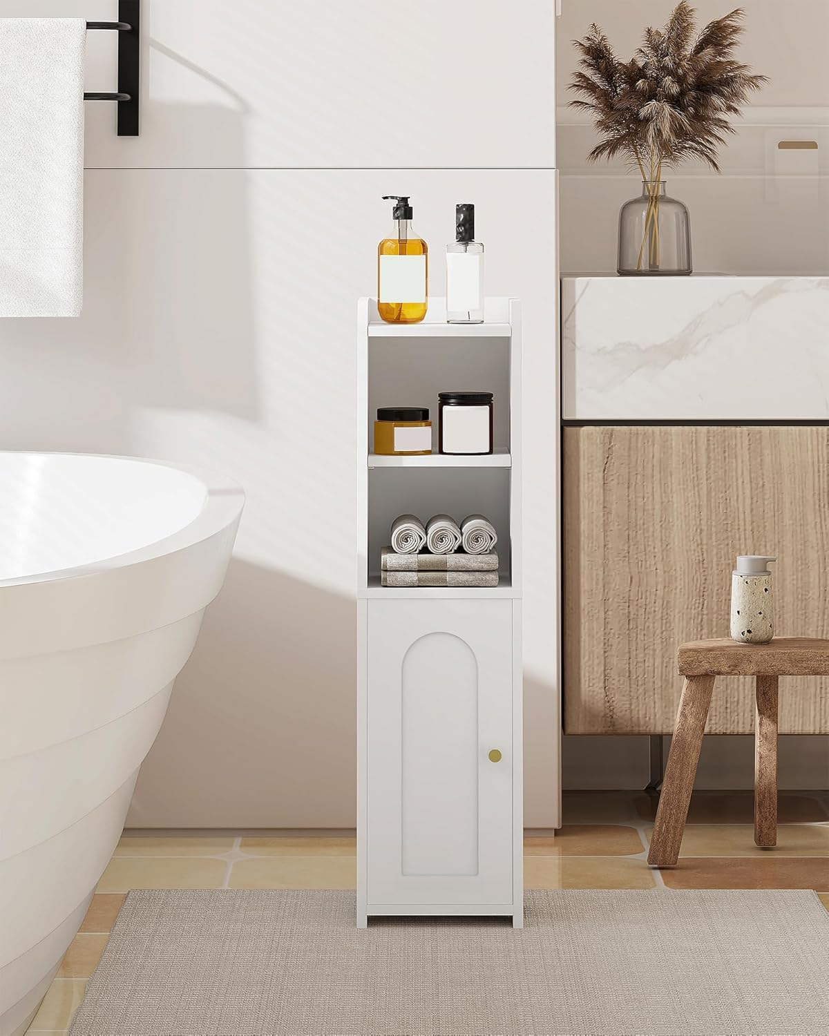 Hzuaneri cabinet with open shelves for easy access to daily toiletries.