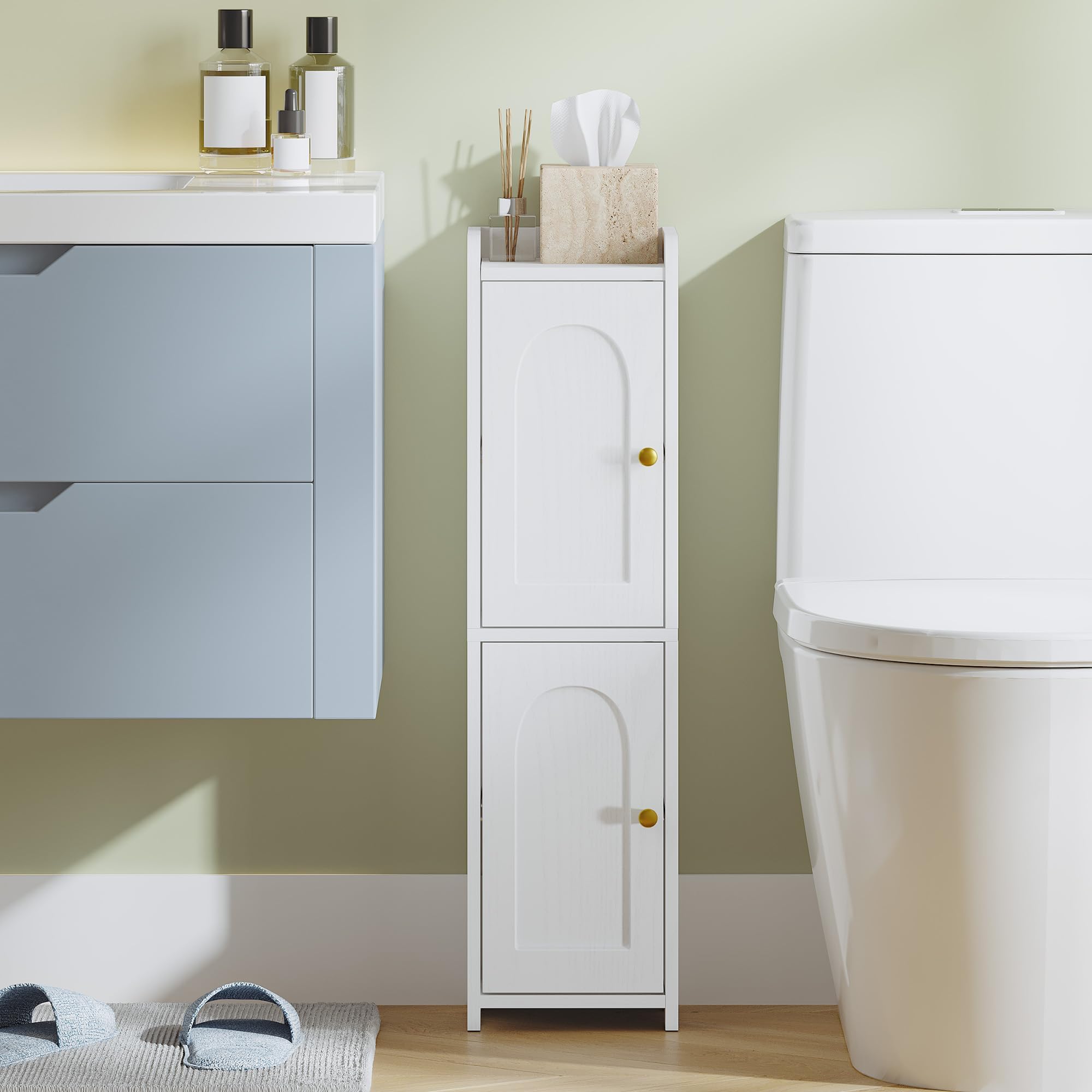 Hzuaneri two-door bathroom cabinet keeps items dry and organized.