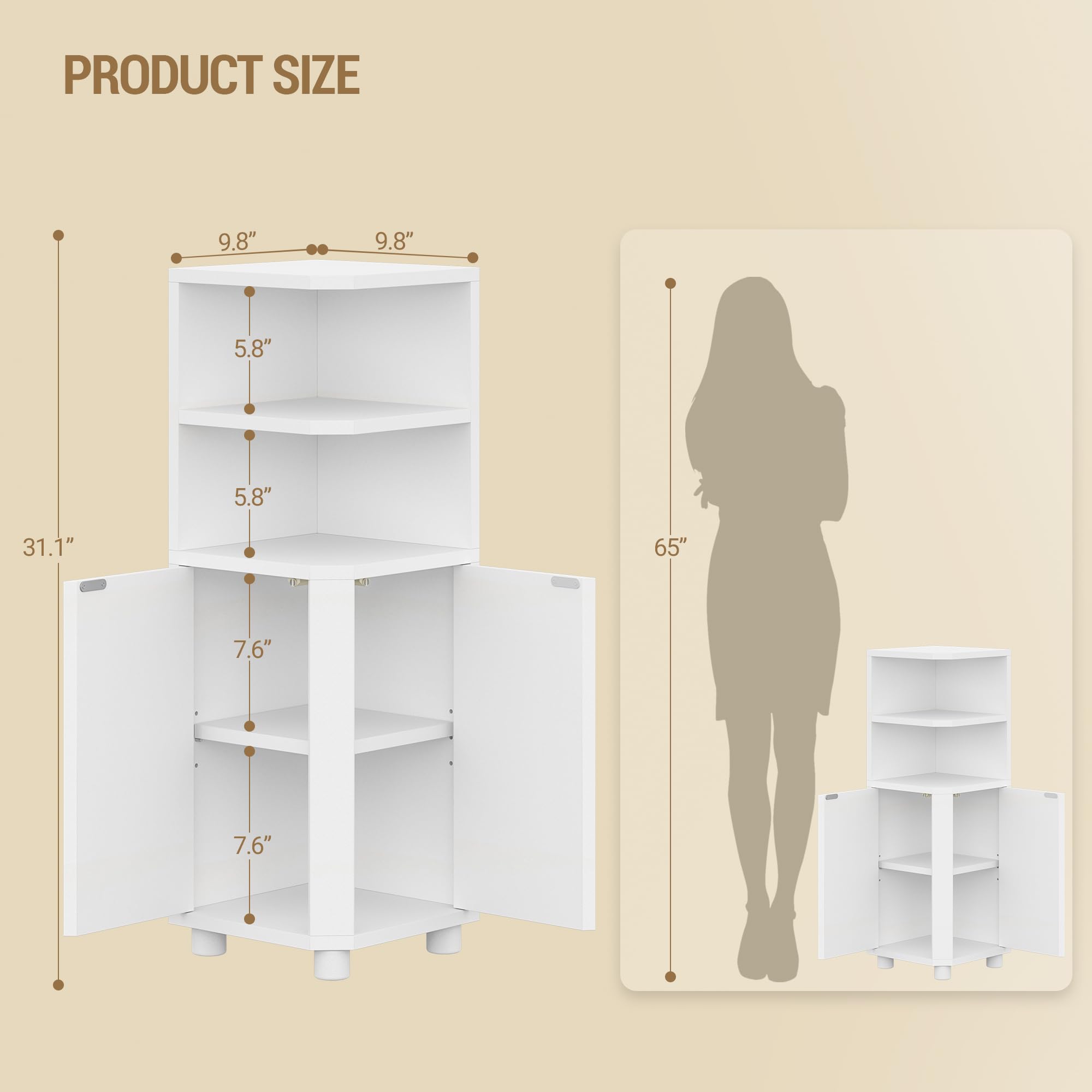 Hzuaneri corner cabinet blends with white decor and maximizes floor plan efficiency