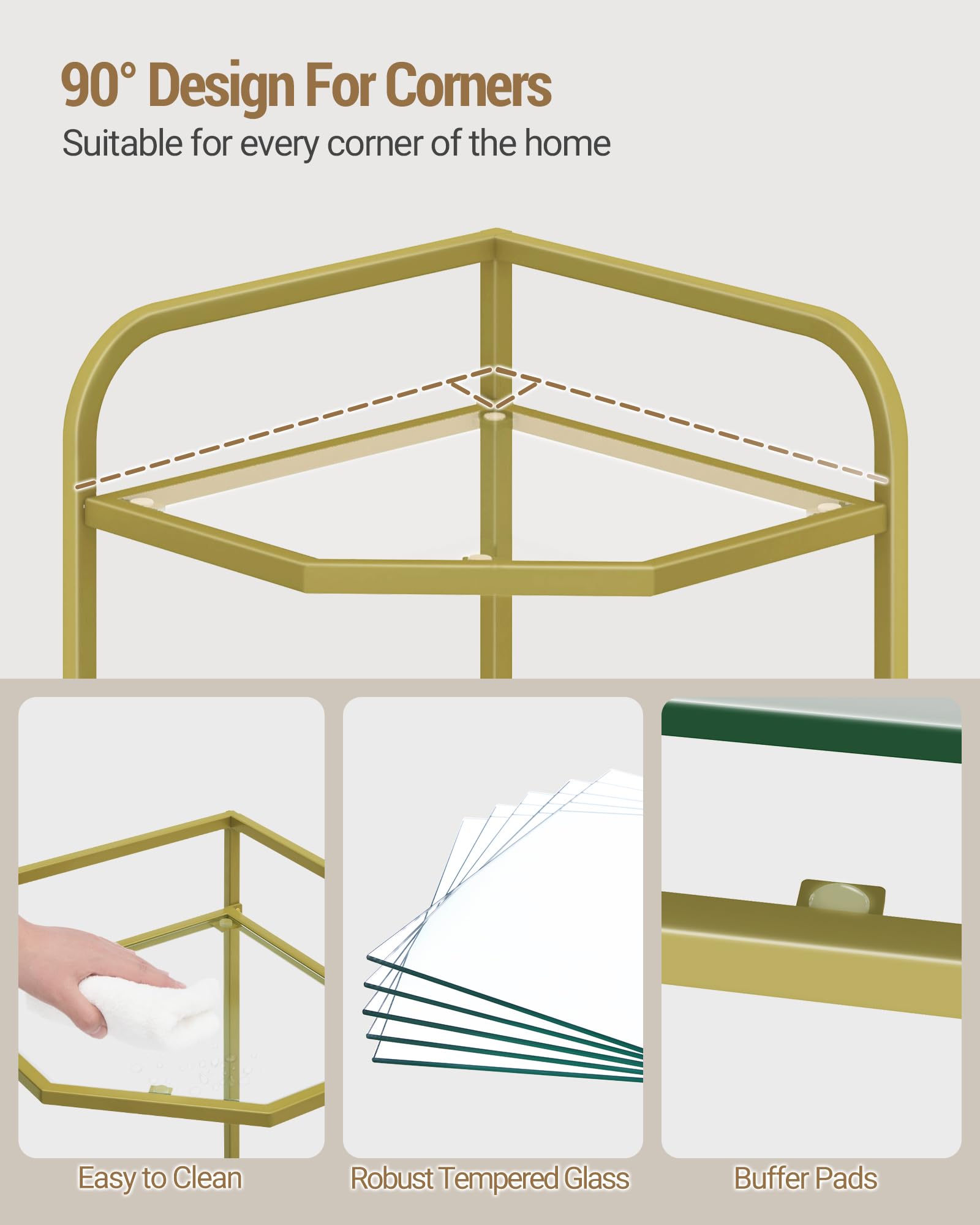 Bedroom corner shelf adds functional decor and storage.
