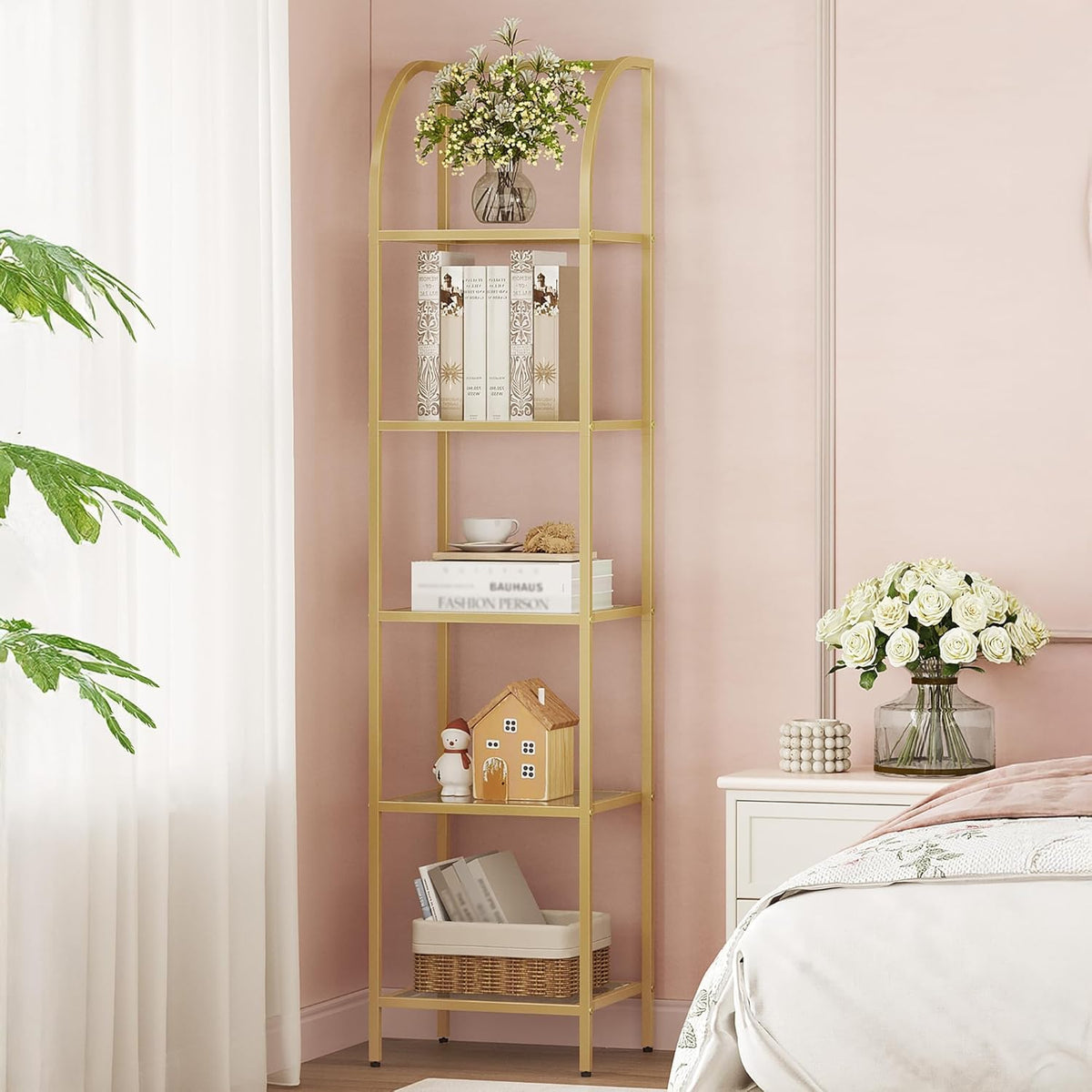 Hzuaneri bookcase with arched glass shelves for stylish display and organized storage
