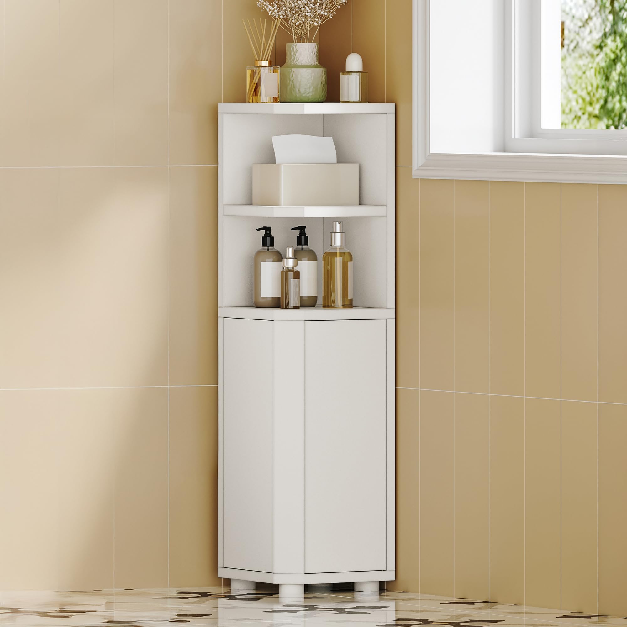 Hzuaneri corner cabinet white front view showing compact storage for small bathrooms.