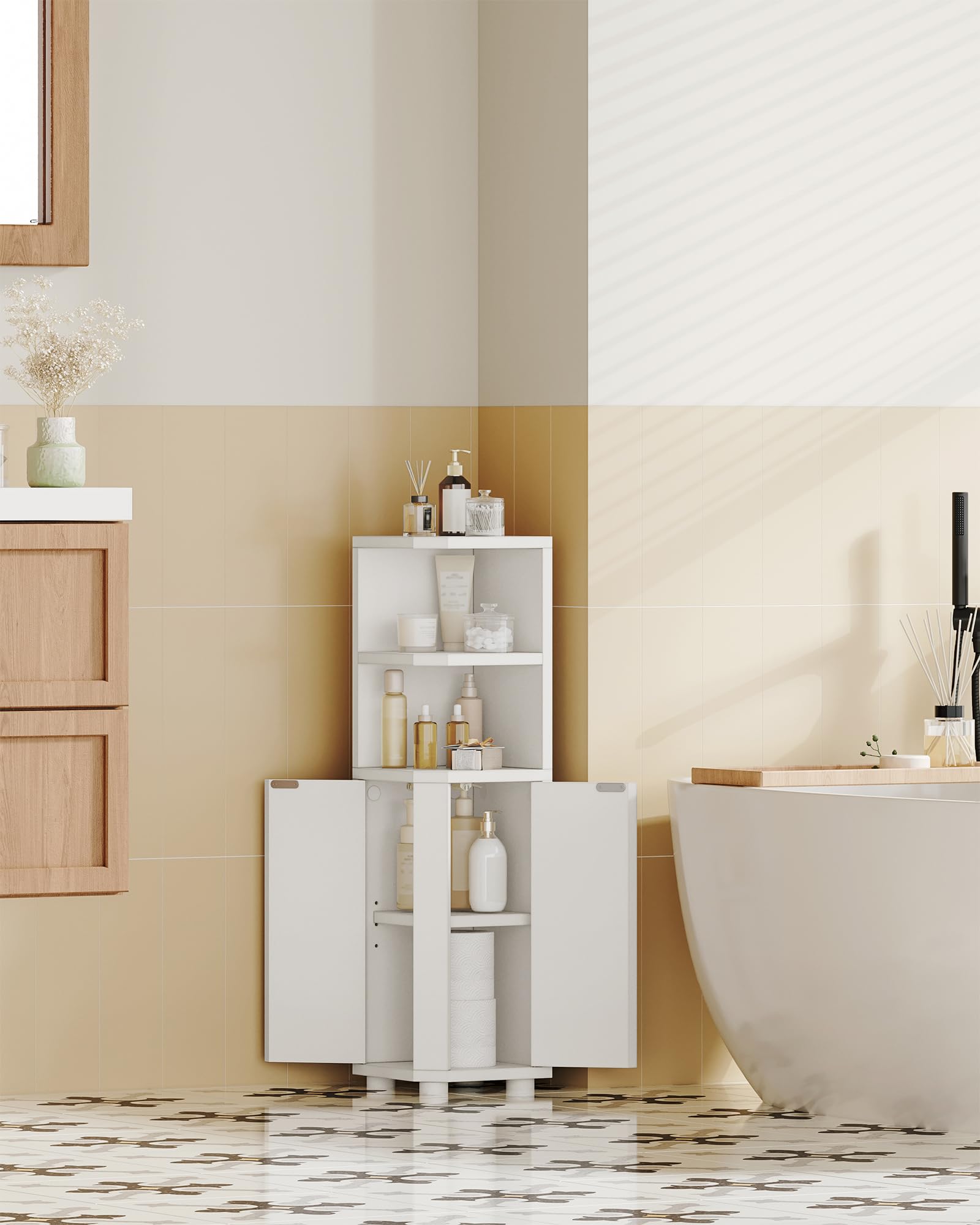 Hzuaneri corner cabinet white left door configuration demonstrates flexible access in tight spaces.