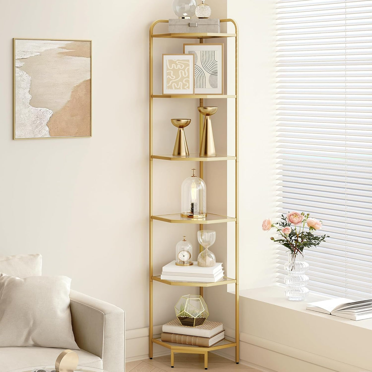 Hzuaneri 6-tier corner shelf displays books and plants in a compact corner.
