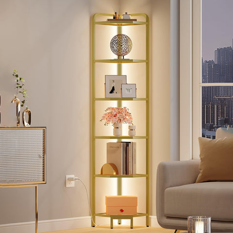 Hzuaneri corner shelf with LED lighting highlights display items in a modern living room.