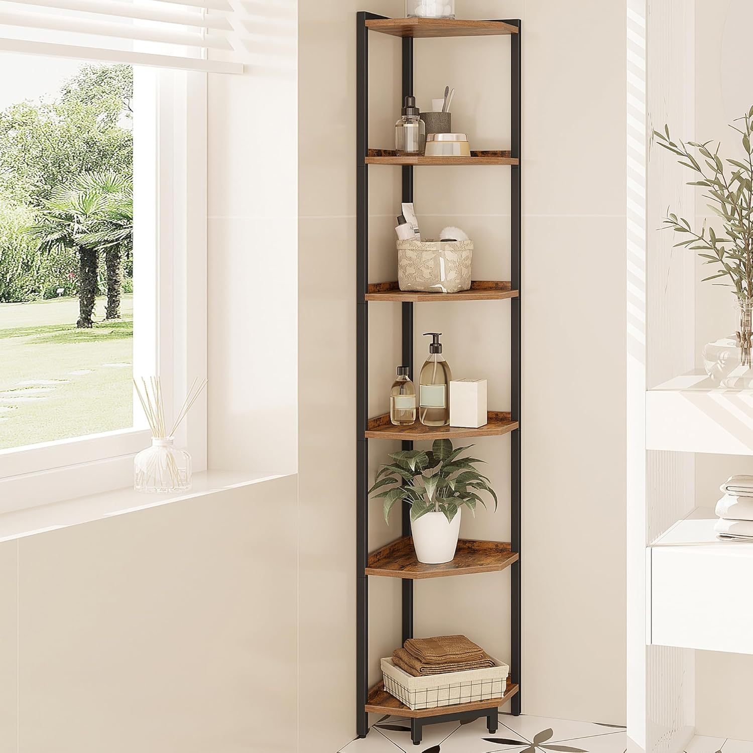 Hzuaneri 6-tier corner shelf stand in rustic brown for organized living room display.