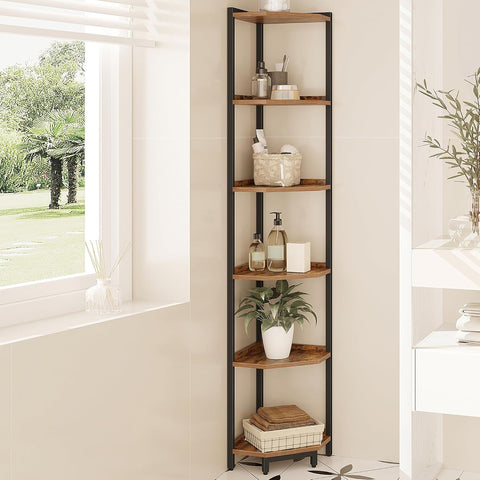 Hzuaneri 6-tier corner shelf stand in rustic brown for organized living room display.