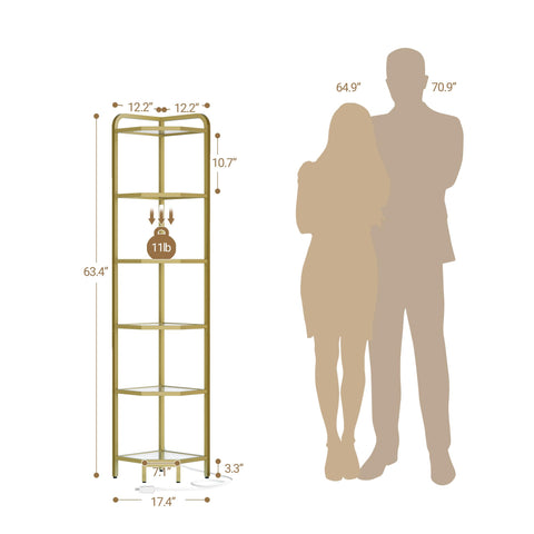Gold finish glass shelf adds elegant storage for books and plants.