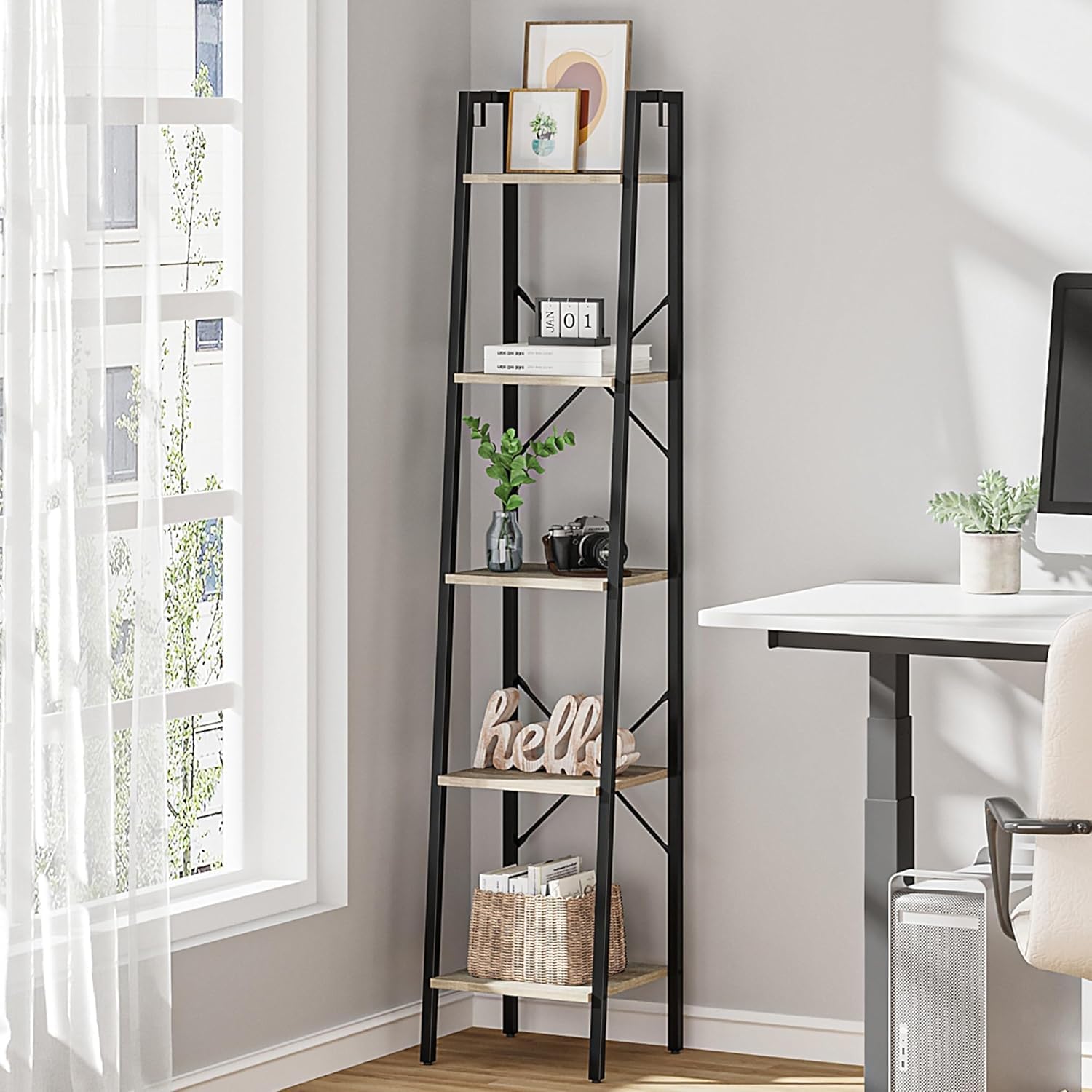 Hzuaneri ladder shelf front view showing sturdy greige finish and display space for items