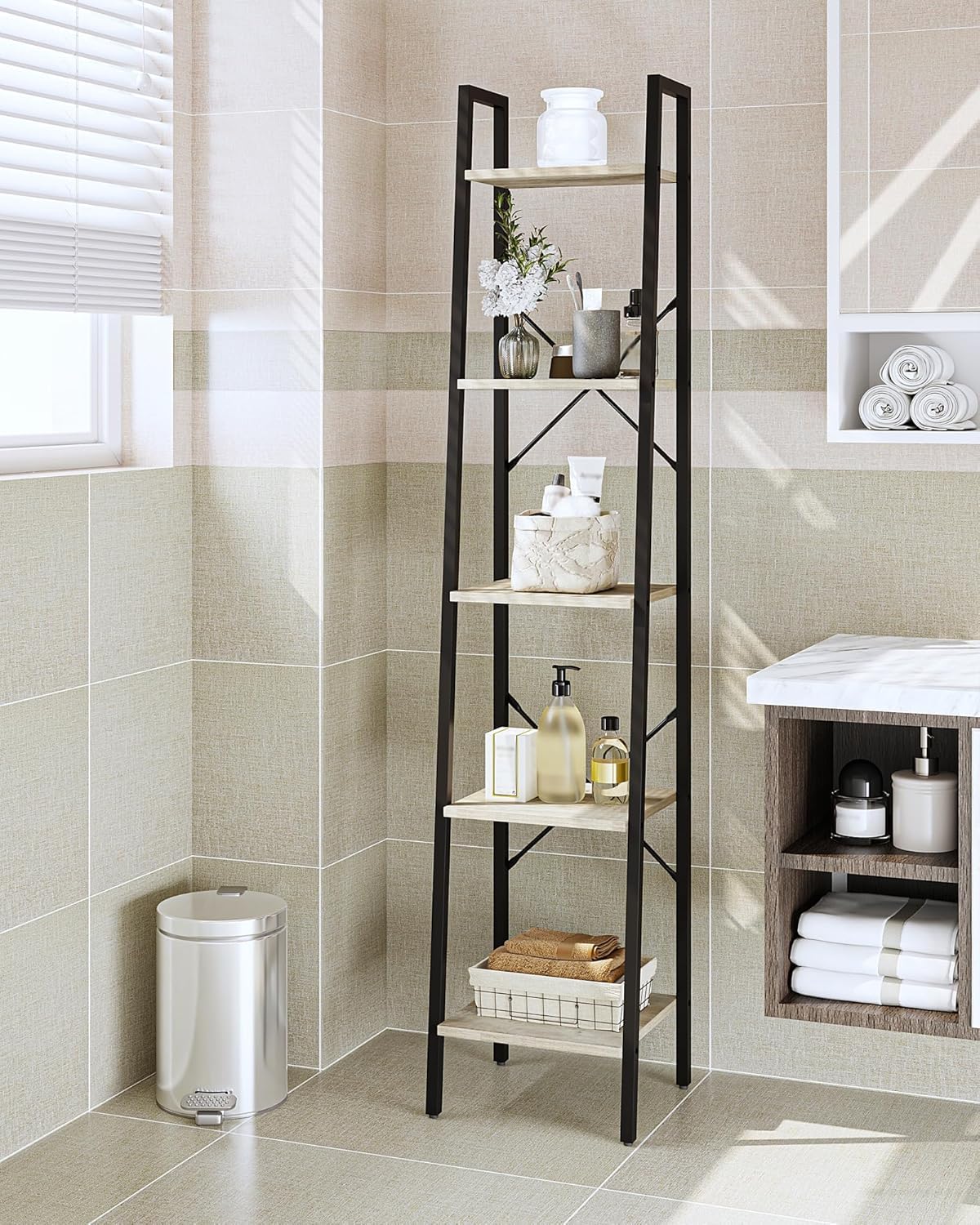 Hzuaneri ladder shelf in living room blending industrial style with organization