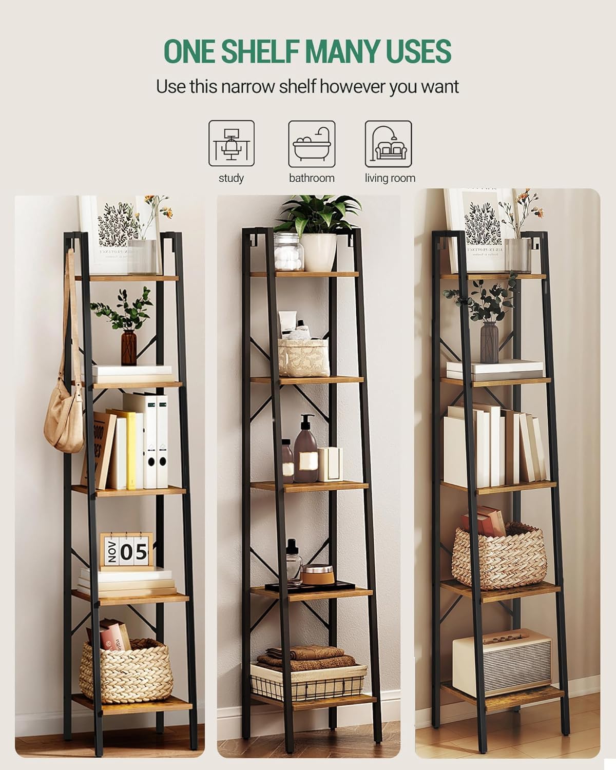 Hzuaneri ladder shelf includes two hooks for keys and bags.