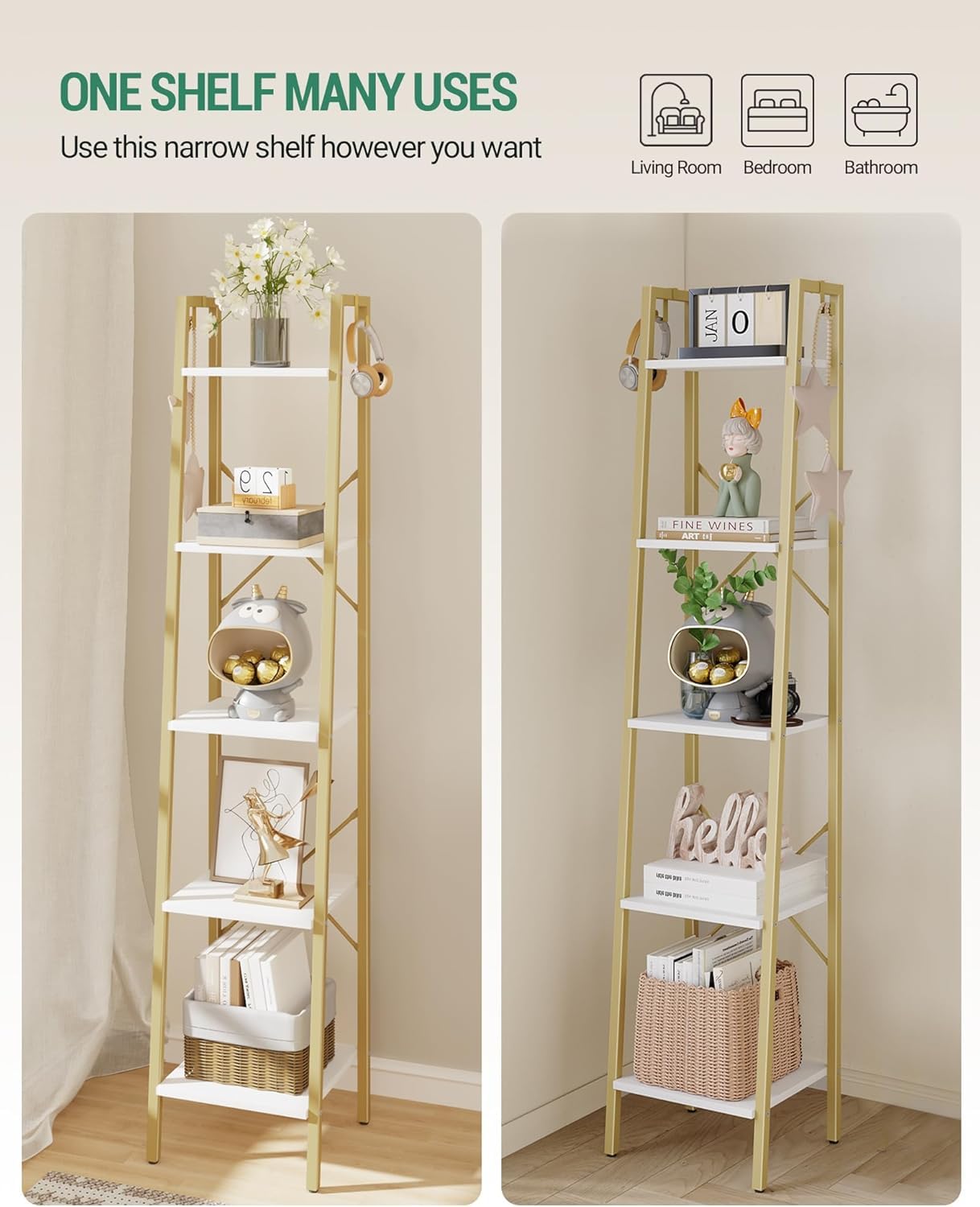 Plants on shelves demonstrate versatile living room display.