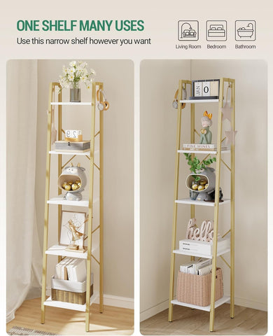 Plants on shelves demonstrate versatile living room display.