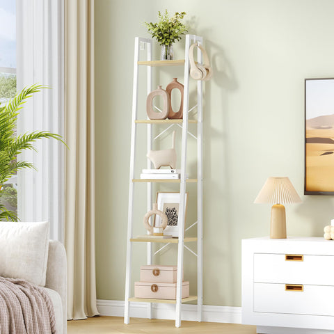 Hzuaneri ladder shelf in white oak shows tall storage for books and decor.