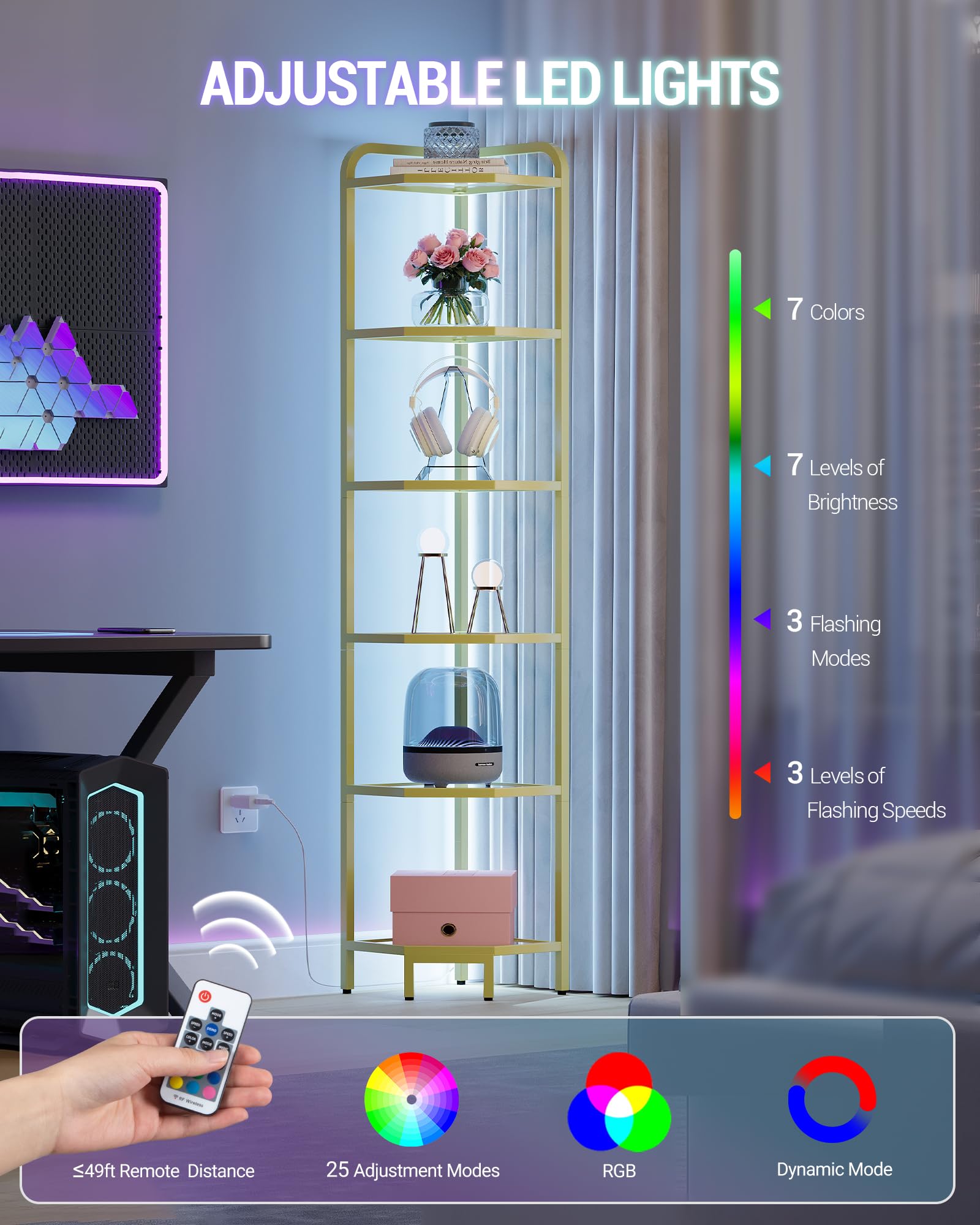 Remote LED lighting for customizable color and brightness.