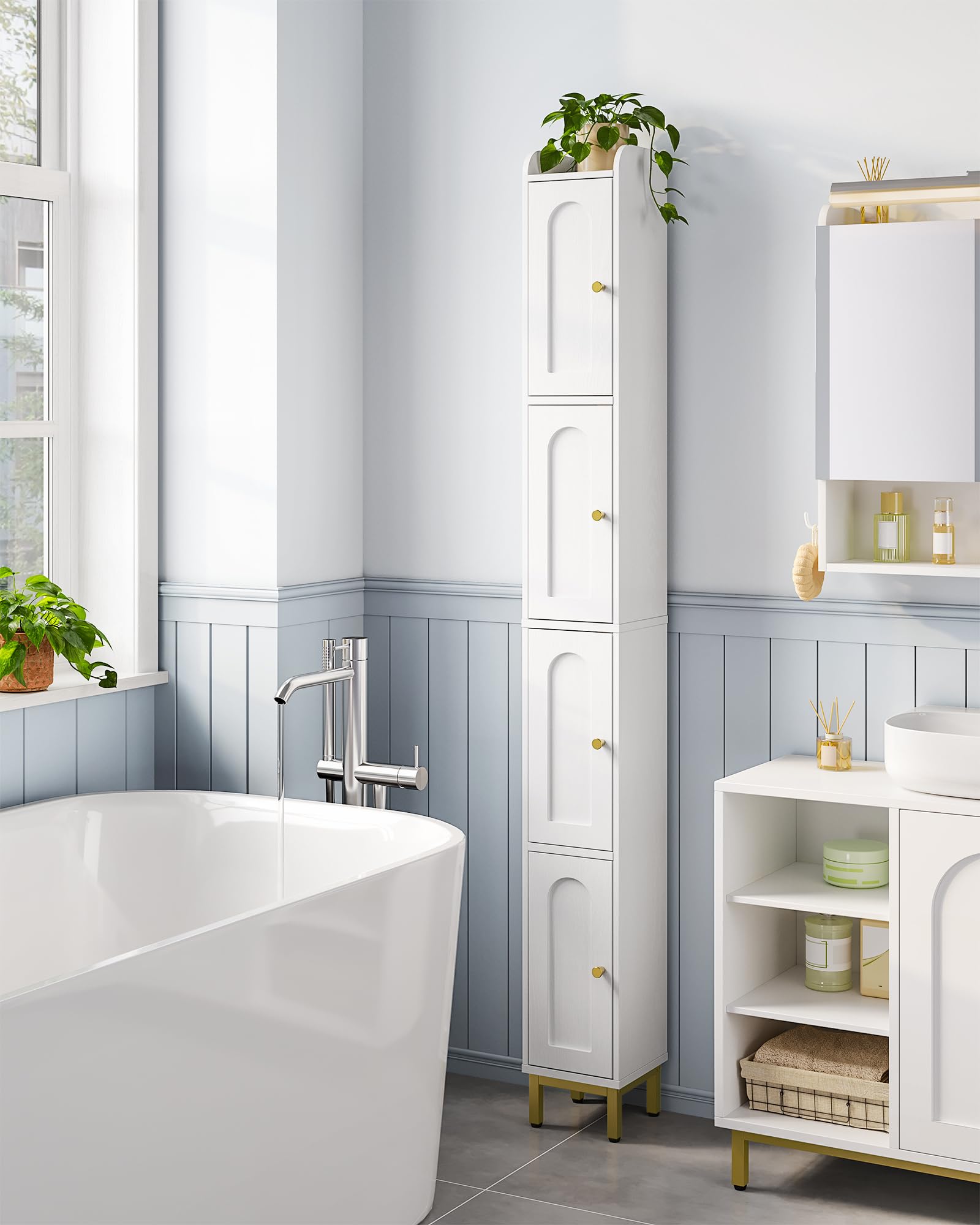 Hzuaneri slender bathroom cabinet with doors keeps items neatly concealed.
