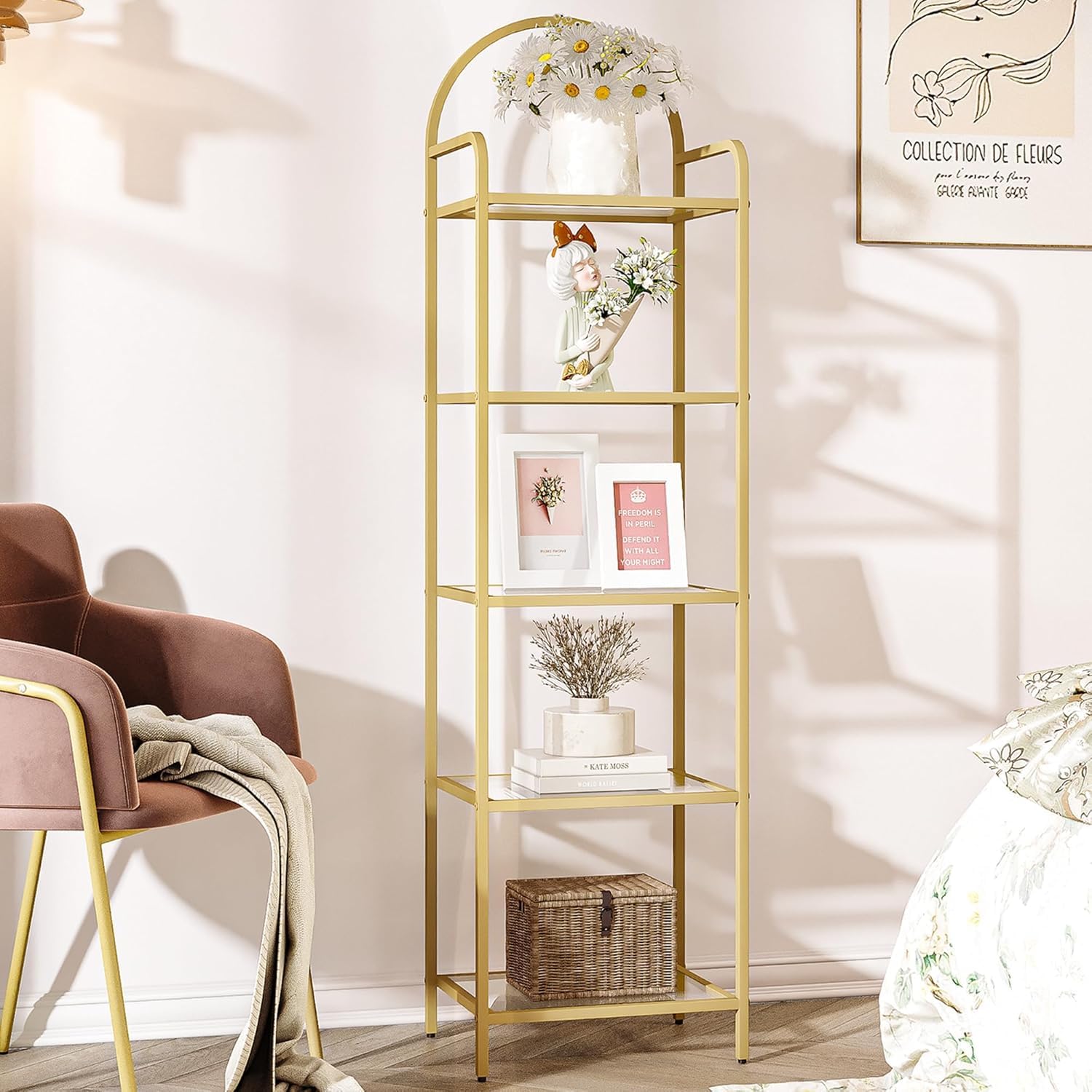 Hzuaneri tempered glass bookcase front view with gold frame for stylish storage.