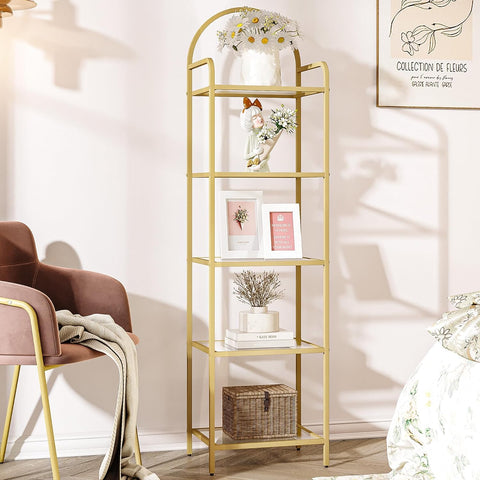 Hzuaneri tempered glass bookcase front view with gold frame for stylish storage.