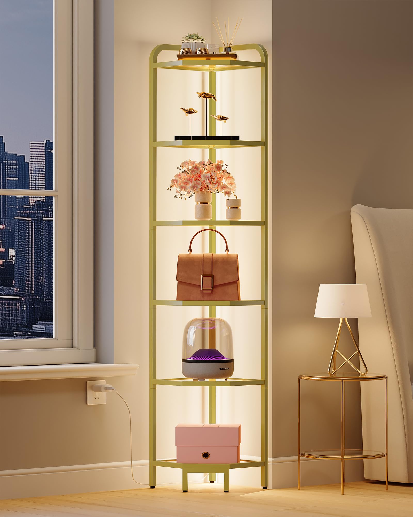 Tempered glass shelves support up to 11 lbs per shelf.