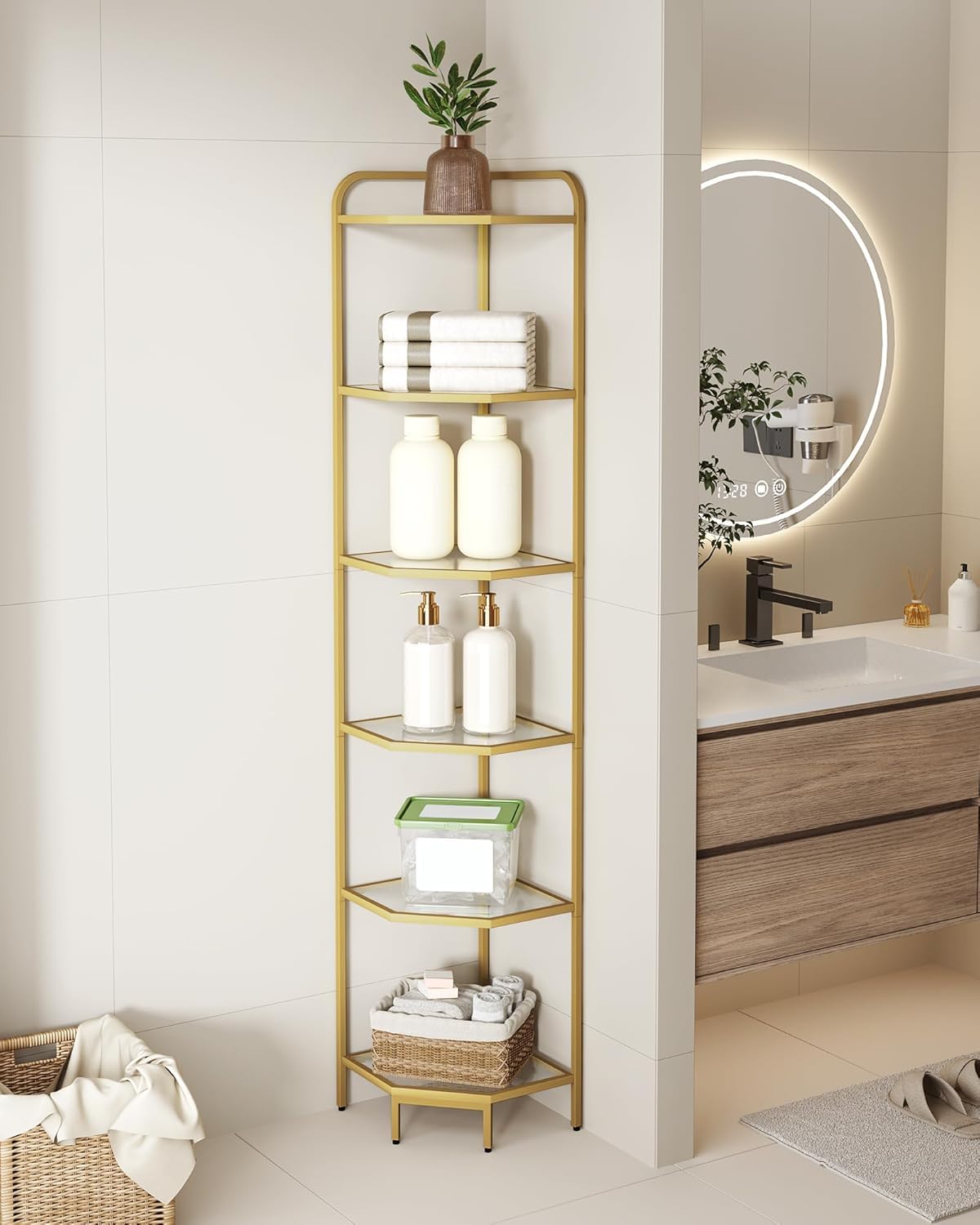 Hzuaneri tempered glass shelves offer sturdy, clear display for decor.