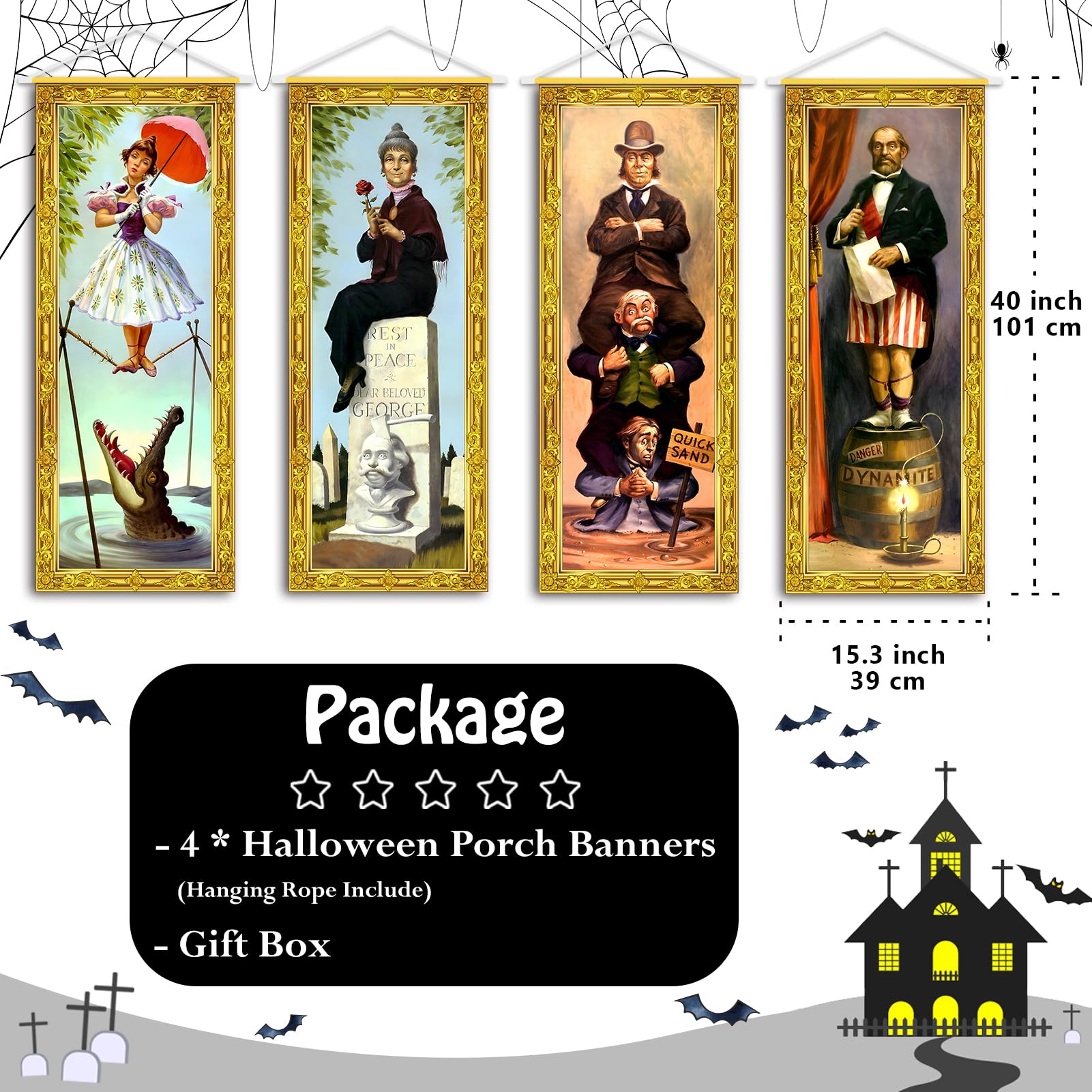 ianthe Golden Frame Haunted Banner 4pcs: eye-catching home Halloween backdrop