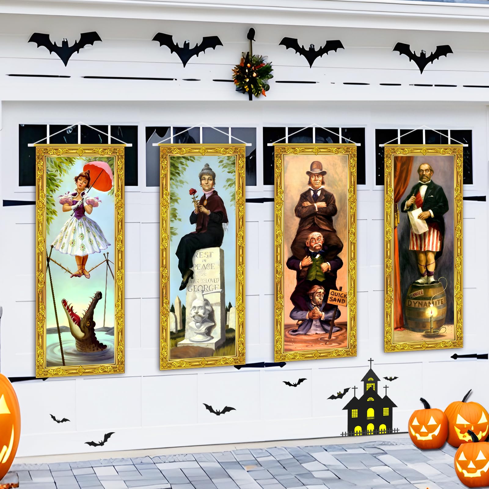 ianthe Haunted Mansion Portraits 4pc: dramatic backdrop for Halloween parties