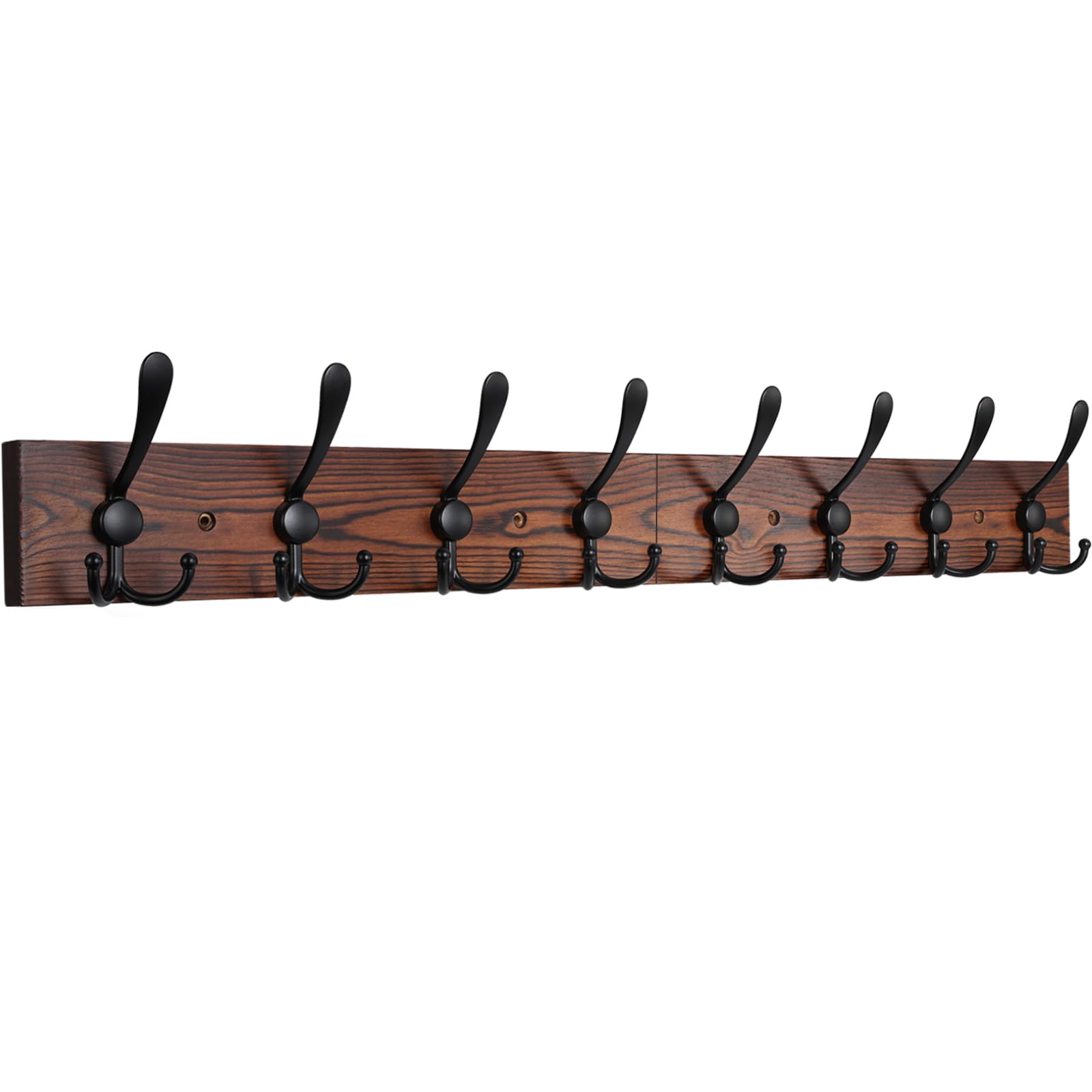 IBosins wall-mounted coat rack front view with eight rustic hooks for coats and bags.
