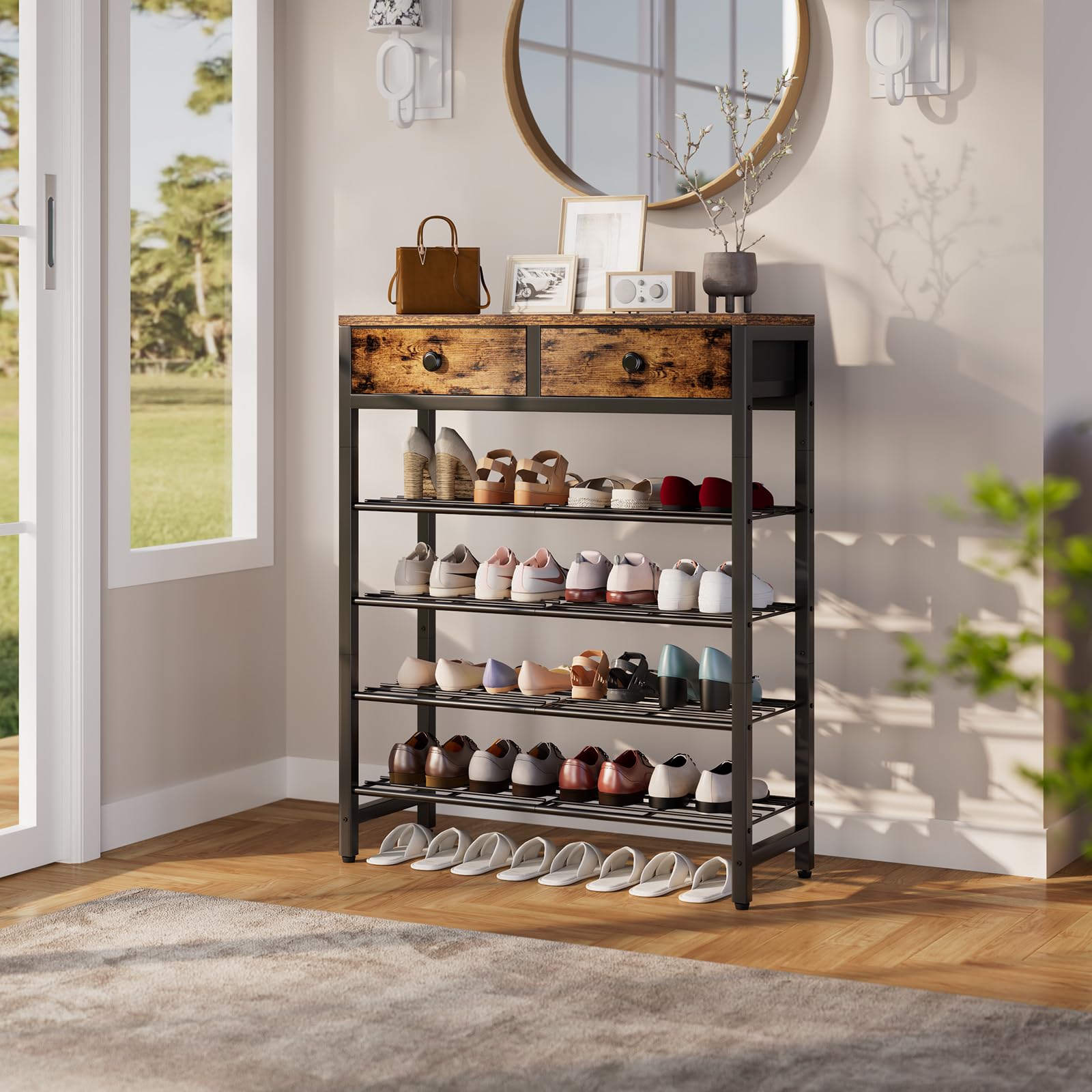 IBUYKE 5-tier shoe rack side view highlights sturdy metal frame.