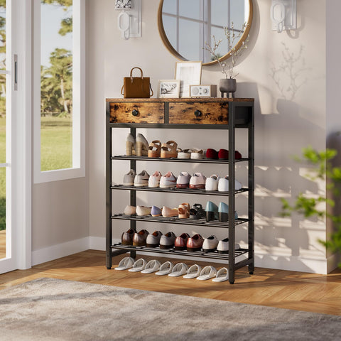 IBUYKE 5-tier shoe rack side view highlights sturdy metal frame.