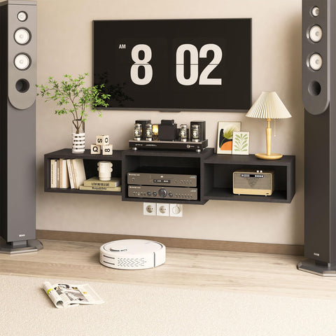IBUYKE floating TV stand with power outlet keeps cables organized and accessible.